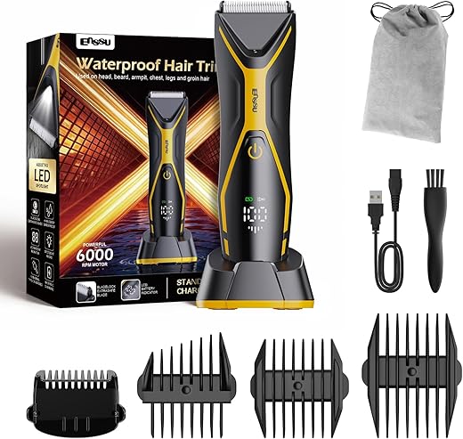 ENSSU Body Hair Trimmer for Men，Waterproof Hair Trimmer – Professional Men’s Grooming Kit with LED Light, 90-Min Runtime & Travel Bag, Black & Yellow