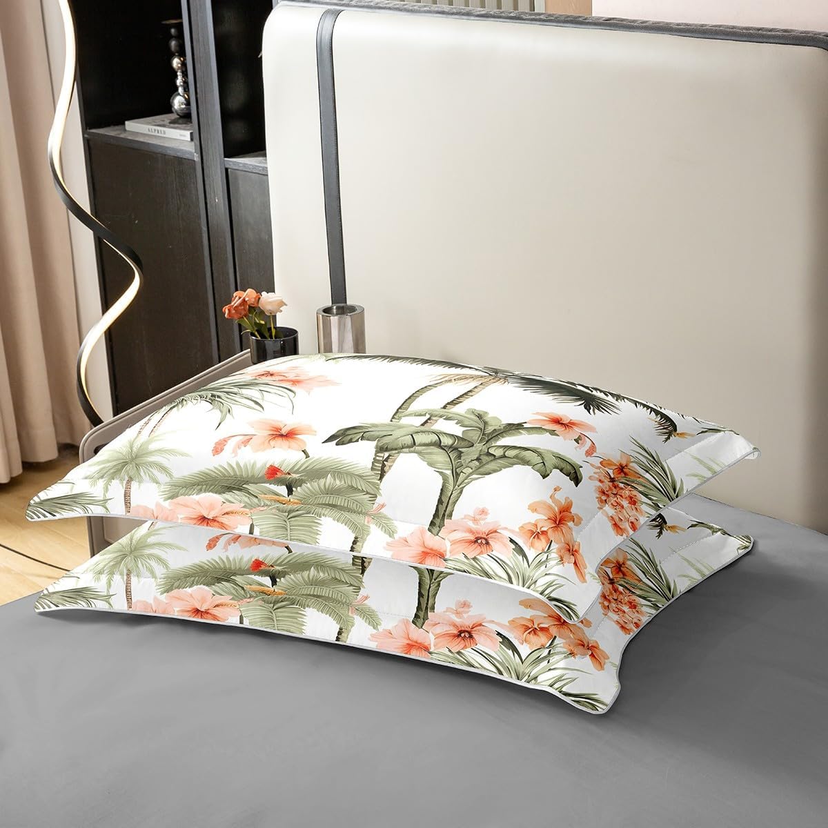 Queen Size 100% Cotton Palm Leaves Duvet Cover for Kids Tropical Coconut Tree Bedding Set Hawaii Style Comforter Cover Orange Flowers Plant Bedspread Cover Room Decor Bedclothes Zipper,No Comforter
