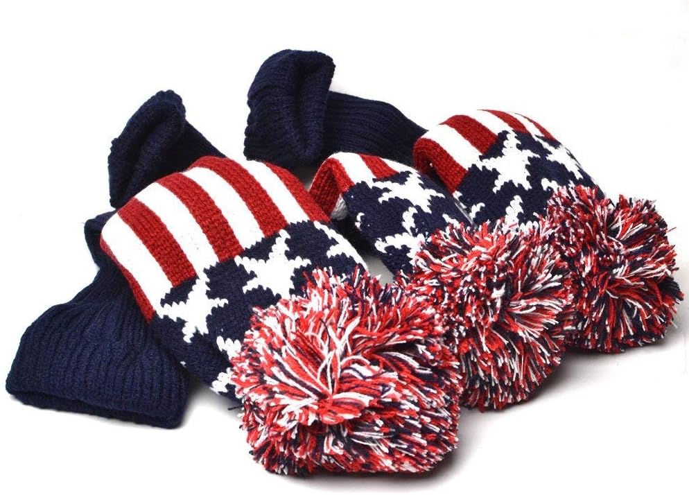3PCS Knitted Golf Head Covers 1-3-5 for Driver and Fairway Woods with Long Neck Design Vintage Red Stars and Stripes American Flag Sock Pom Pom Golf Club Patriotic Headcovers Set