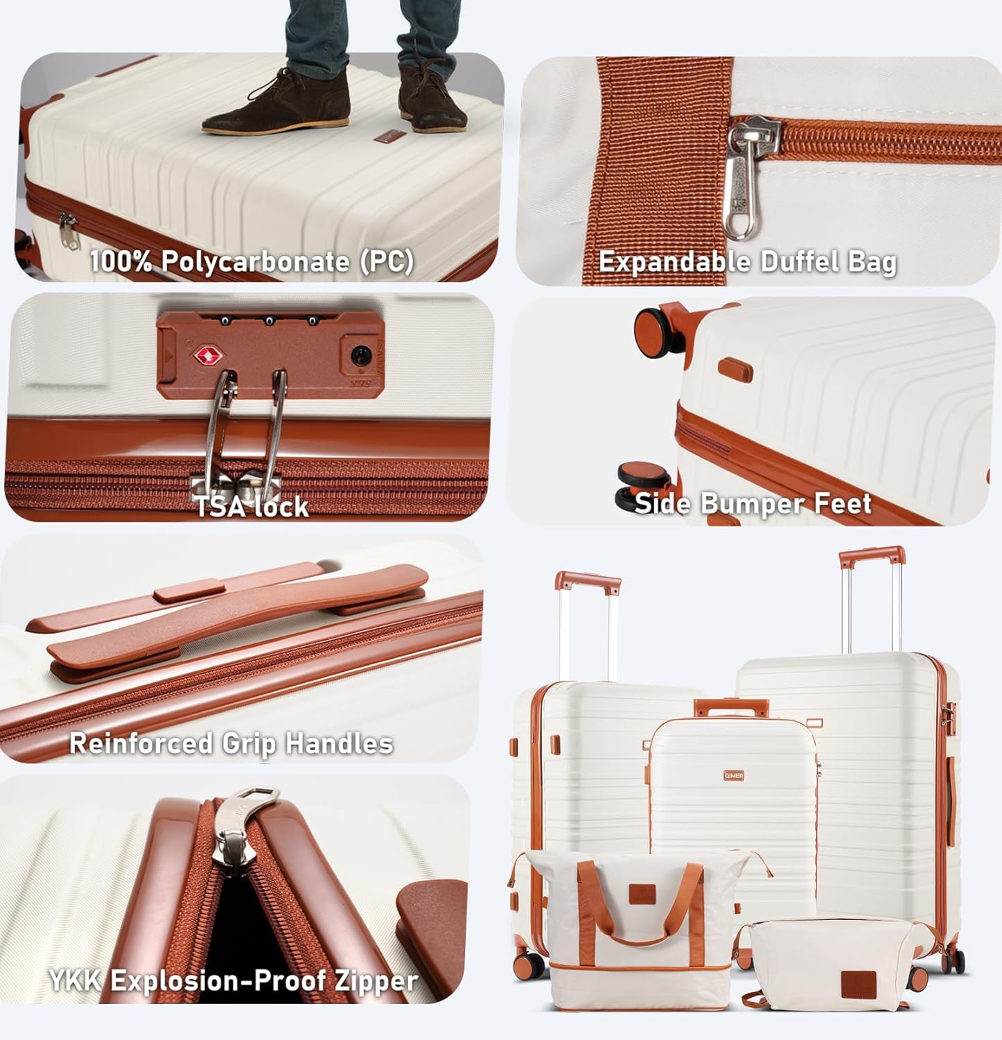 5 Piece Luggage Set, 100% PC Hardside Luggage with Spinner Wheels, Suitcase withTsa Approved Lock, Lightweight Travel for Men and Women, Beige (20/24/28/DB/TB) - Image 2