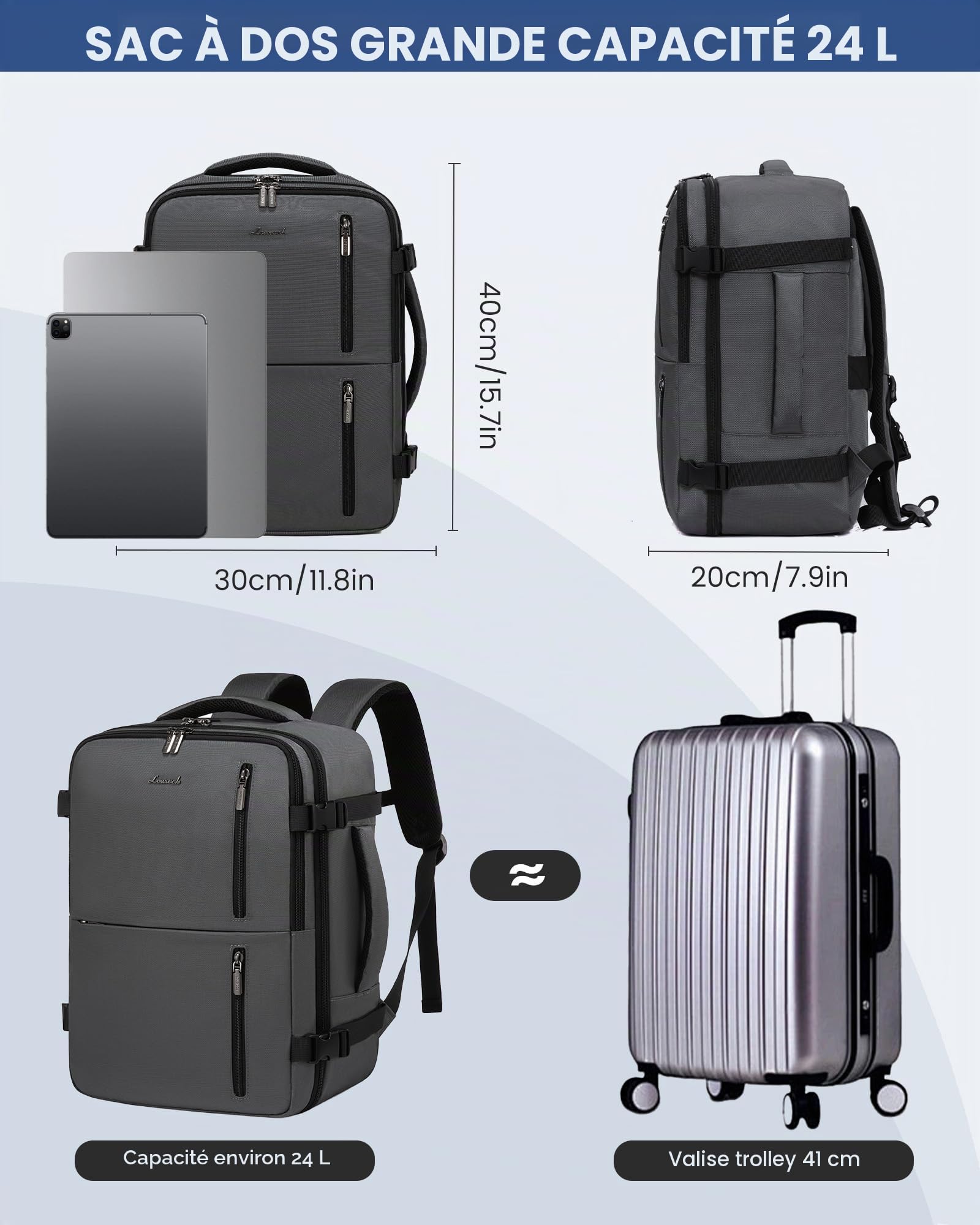 LOVEVOOK Sac a Dos Voyage Avion 40x30x20, Bagages Cabine, Bagage à Main Valise 24L, Port USB, Femme Homme, Ordinateur Portable 14 Pouces, Travail, Affaires, Gris