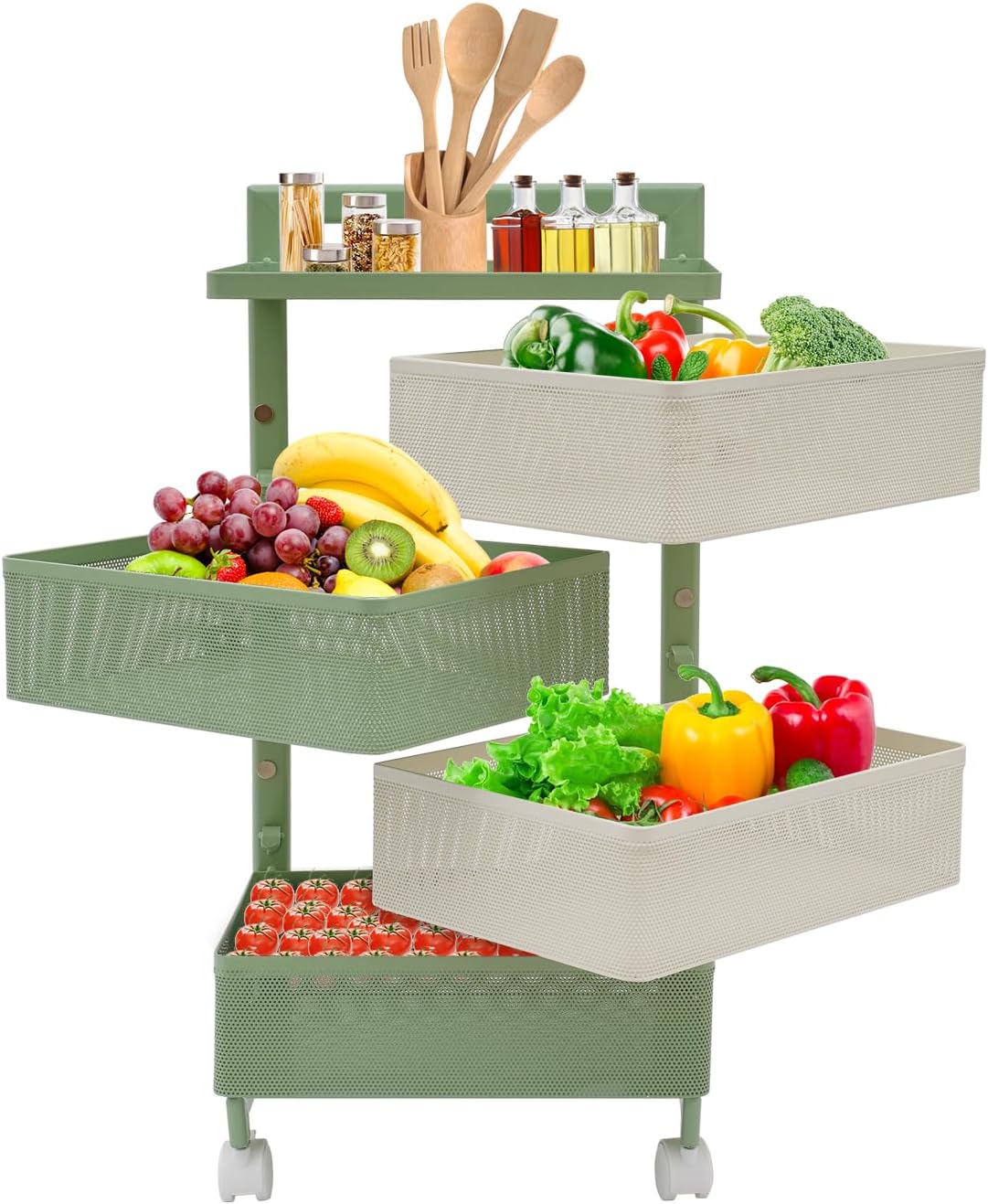 Rotating Storage Cart with 4 Tier Baskets, Kitchen Organizer with Wheels, 360 Degree Turntable Stand with Rolling Wheels for Pantry, Countertop, Bathroom (Green, 4 Tier)