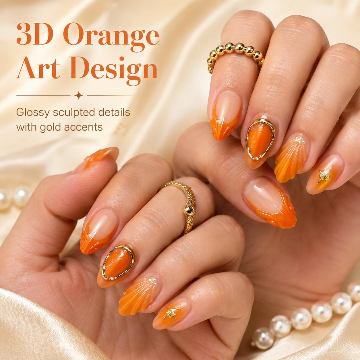 Orange Press on Nails, 24PCS Short Almond Orange Nails Press Ons | Orange Fake Nails with 3D shell petal details, gold star charms and glossy full cover glue on nails for party vacation DIY