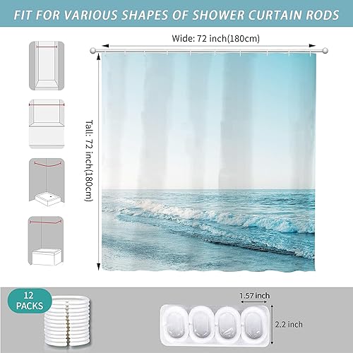 Miniatura 3 de Cortina de ducha para baño, 72 pulgadas de ancho x 72 pulgadas de alto, diseño náutico de verano, playa, olas, decoración de bañera, paisaje marino,