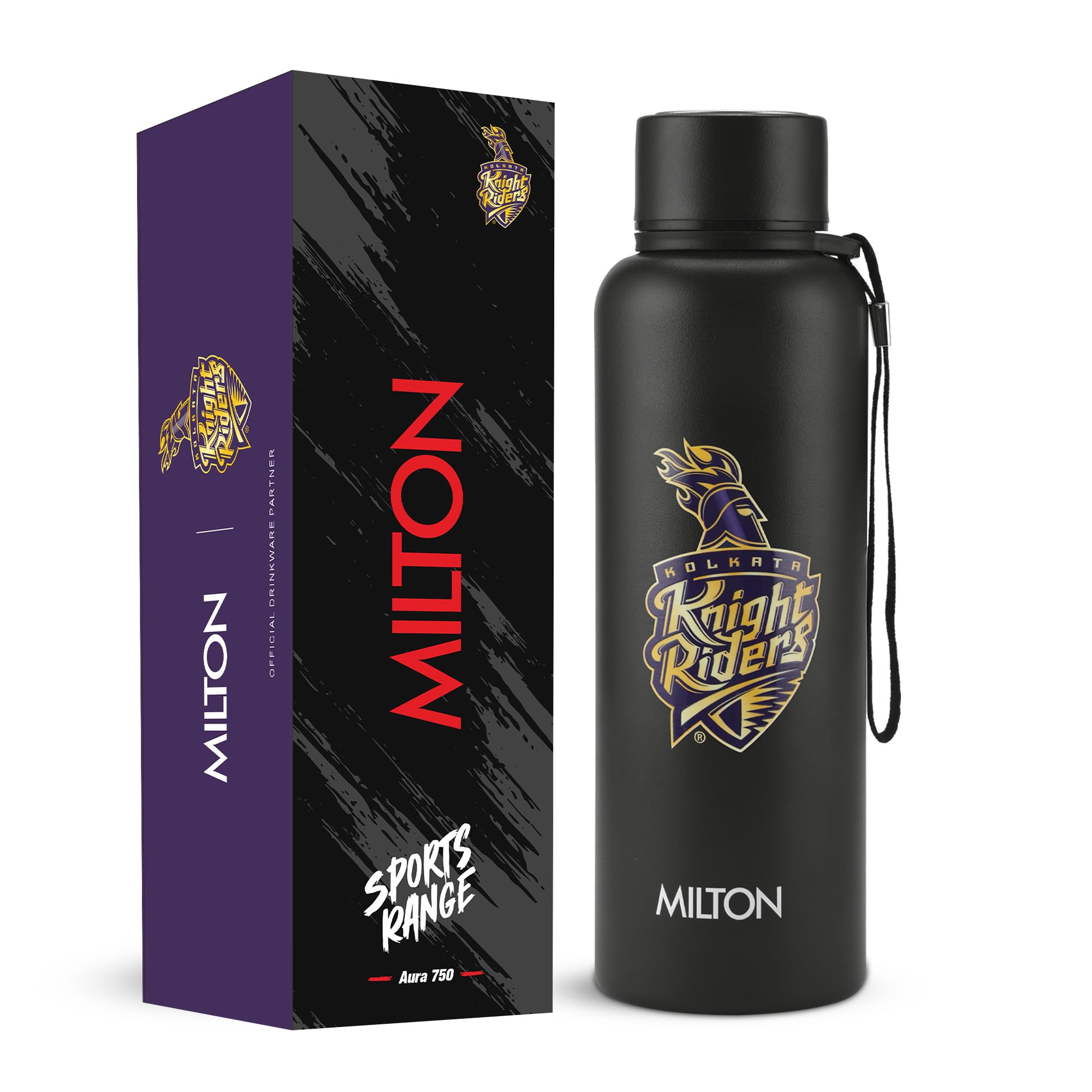 Milton Sports Aura 750 | KKR Official Drinkware Partner I Limited Edition Kolkata Knight Riders Water Bottle | Stainless Steel I 24 Hr Hot& Cold | Designed for Cricket Lovers | 725 ml | Black