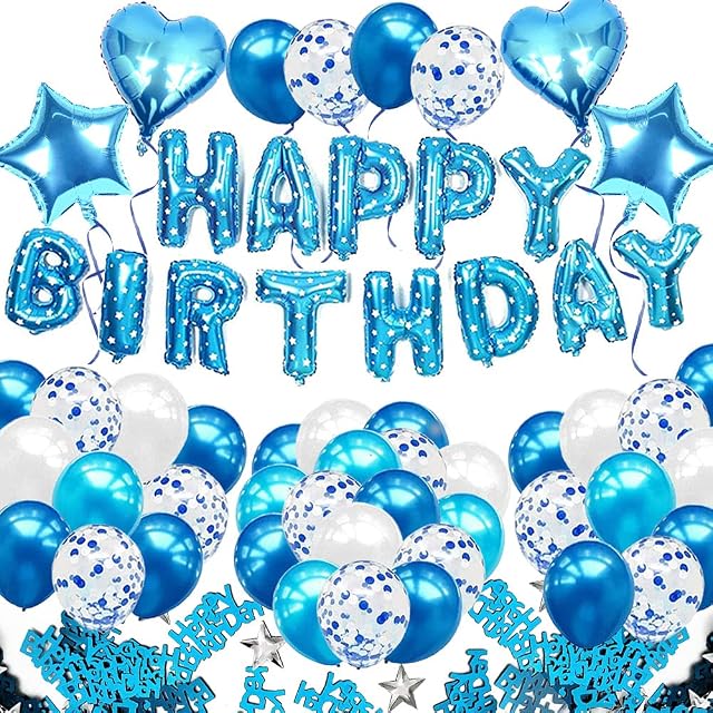 iZoeL Blue Birthday Party Decoration Boys, Blue Happy Birthday Banner Confetti Balloon Heart Star Balloon plus 10g Birthday Table Confetti for Baby Shower Kid Girl Man Birthday Supplies