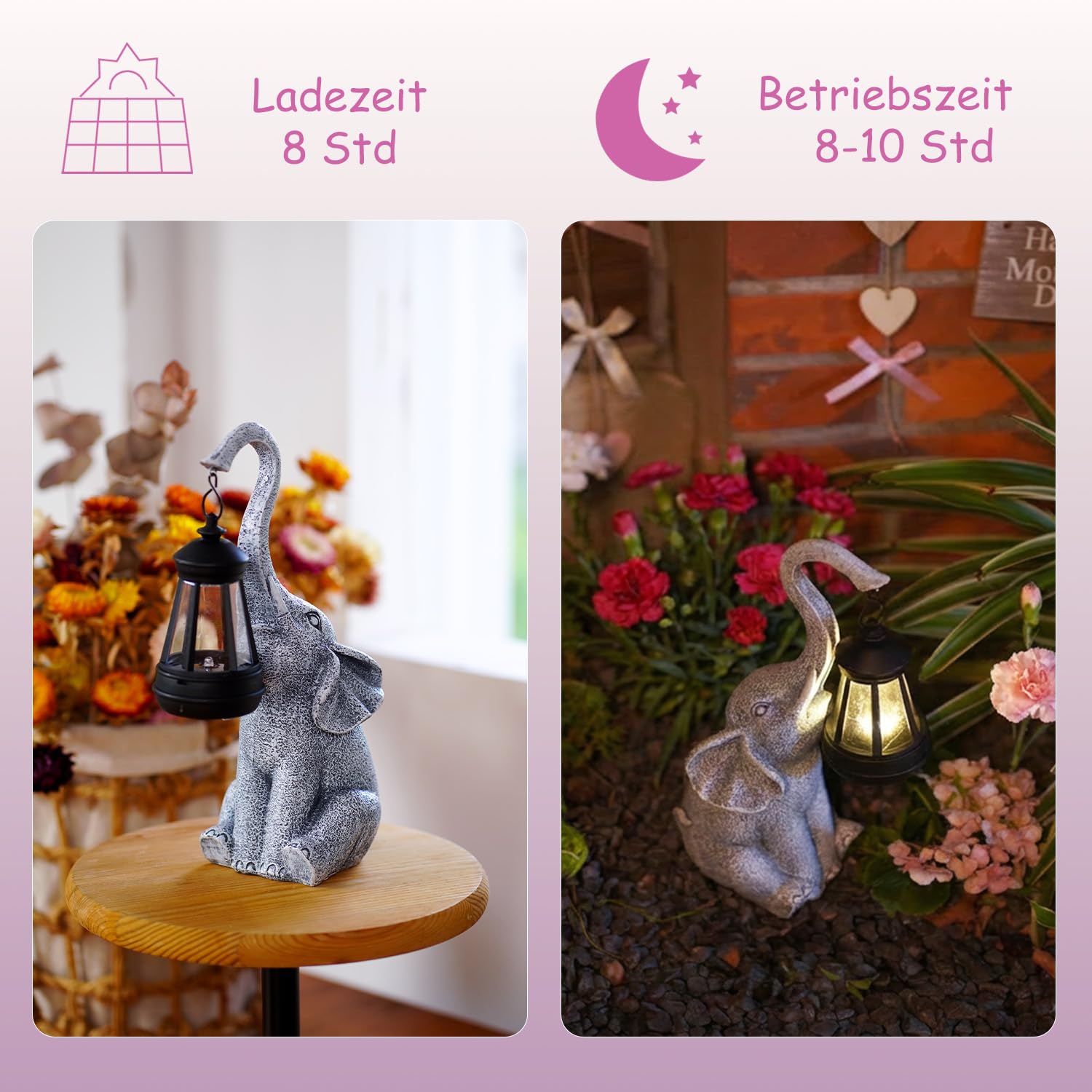 Yeomoo Elefanten Deko mit Solar Laterne Gartenfiguren - für Außen Gartendeko mit Wetterfest LED Solarlampe für Balkon Garten, Geschenke für Frauen Männer Mama Geburtstagsgeschenk Grau