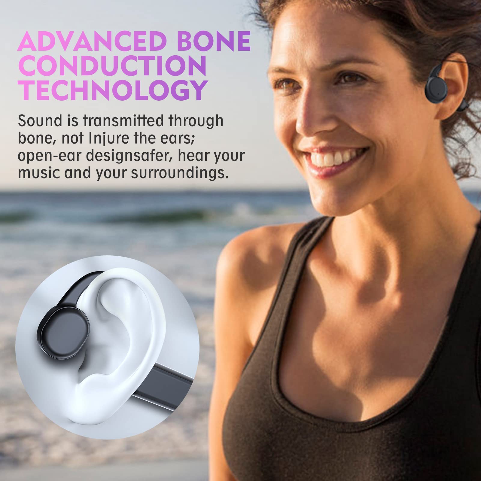 Casque à conduction osseuse IP68 étanche Bluetooth 5.0 Open Ear sans fil avec lecteur MP3 et mémoire 8G pour la natation, la course à pied, le cyclisme, la conduite