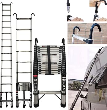14.4FT 4.4M Telescoping Ladder Stainless Steel Extendable Foldable Retractable Portable 14 Steps Telescopic Extension Hook, Compact Loft Roof Work, Home Daily Housework, Silver