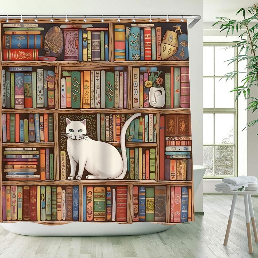 Library Bookshelf Shower Curtain Lovely Cat Vintage Educational Bookcase Readable Book Wooden Bathroom Decor Fabric Curtains with Hook 70Wx90H Inches