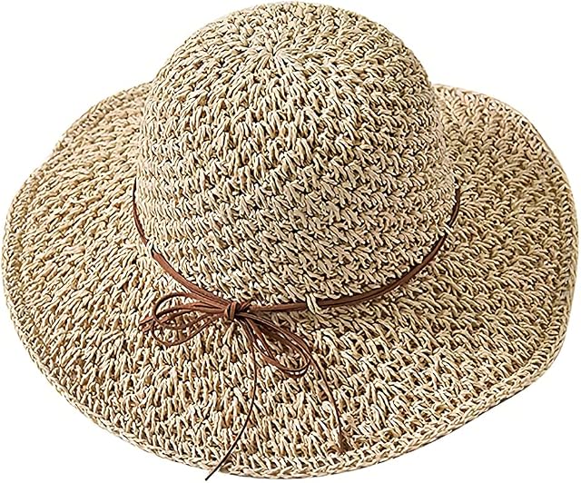 XGOPTS Women Foldable Straw Hats Summer Sun Hats, Beach Hats Wide Brim Caps, Natural Straw Braided Breathable Handmade Headwear for Outdoor Travel Decoration Summer Vacation Ladies Girls