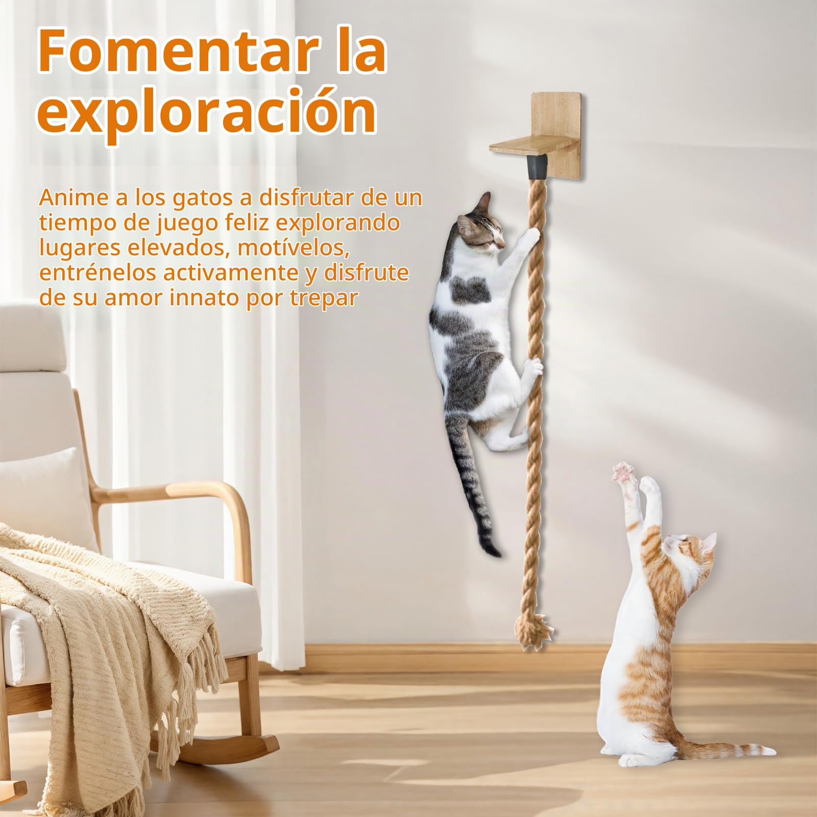 Rascador para Gatos Pared, Cuerda de Escalada de Pared para Gatos con Cojín de Salto para Gato, Estanterías para Gato con Cuerda de Escalada para Rascarse Las Garras, 1.7m