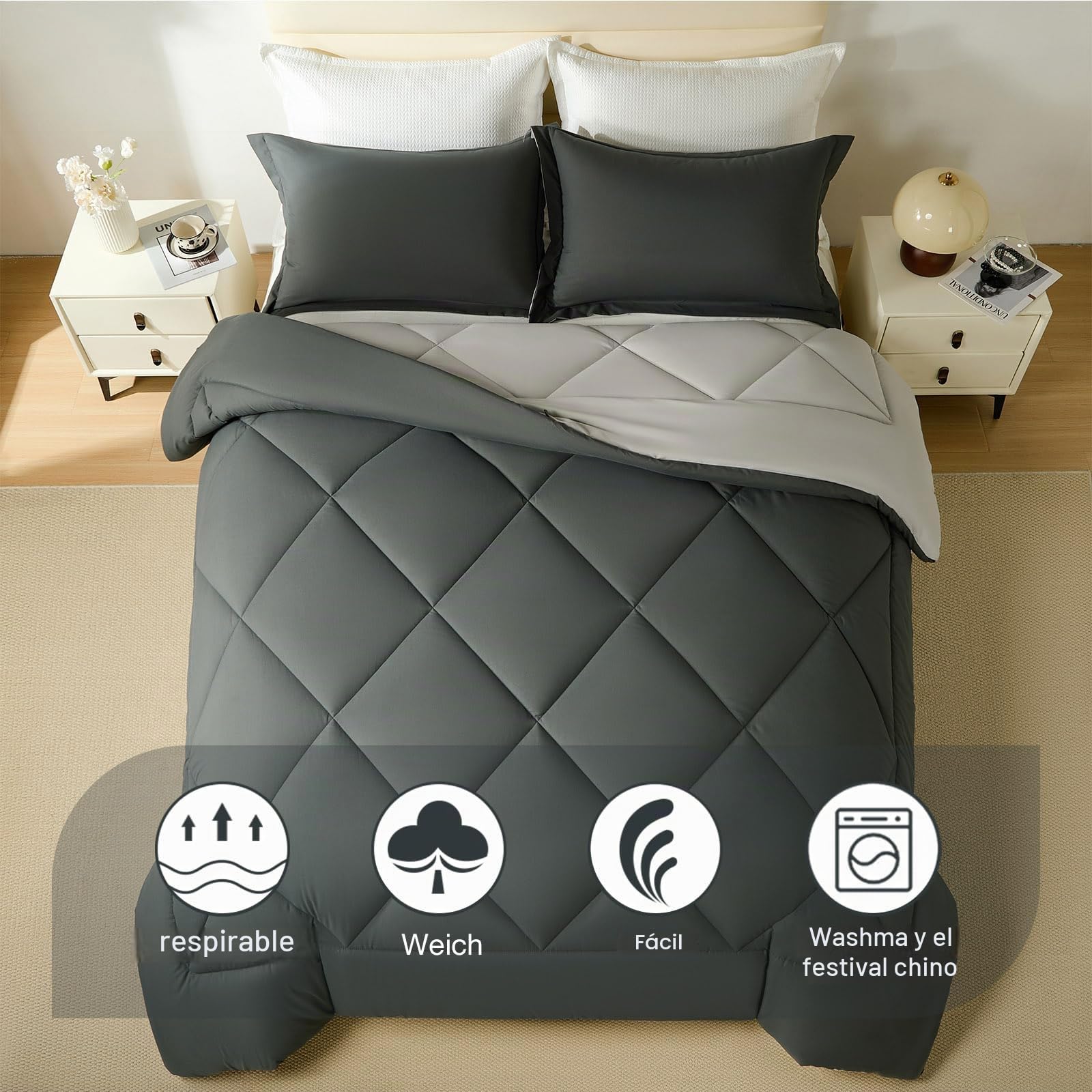beeweed Reversible Edredón Cama 105/120 Invierno - Relleno Nórdico 200x200 cm de Fibra Oeko-Tex. 400 gr/m² para Cama 105x190, Fibra Suave y Transpirable, con 2 Fundas Almohada