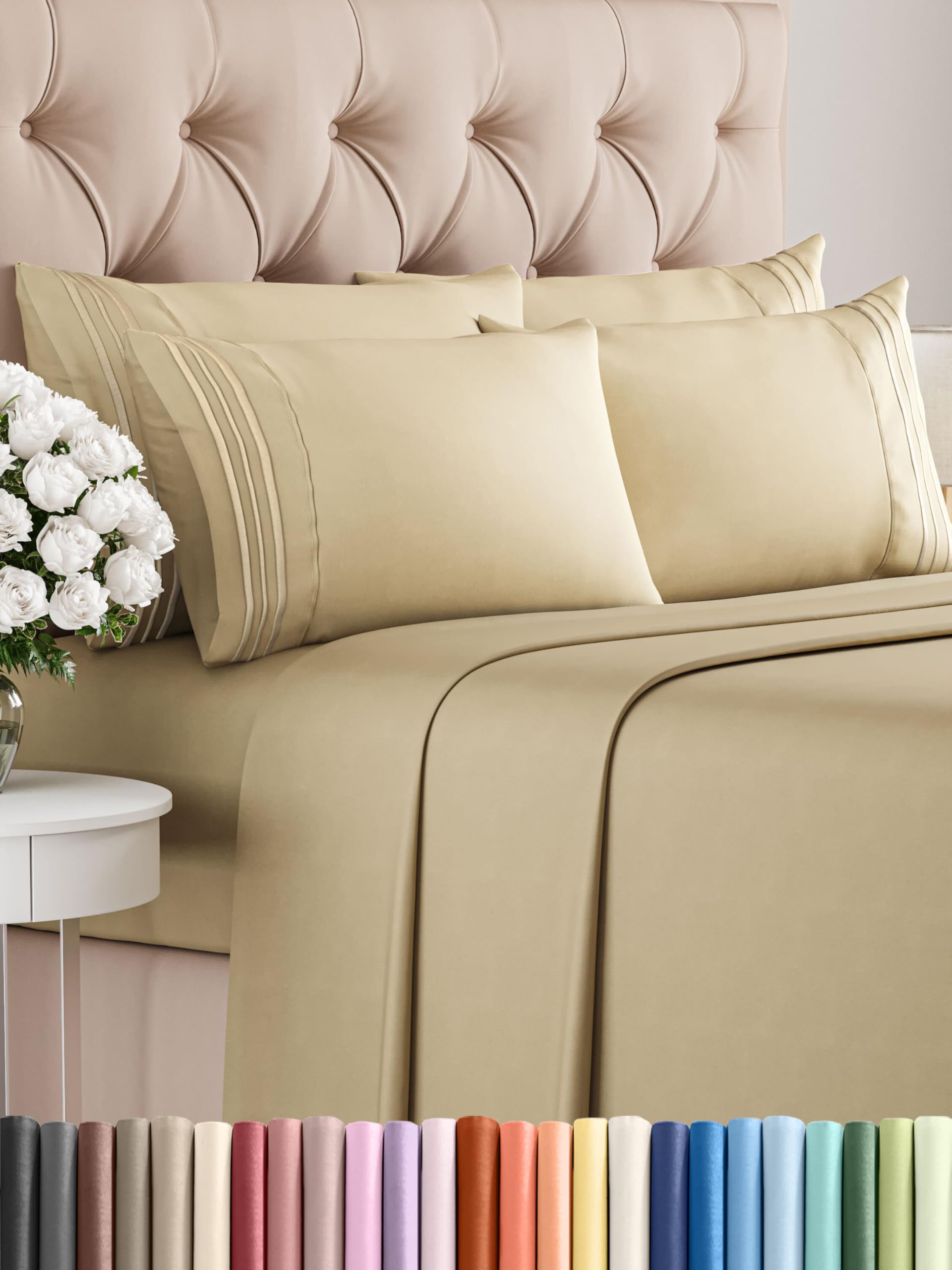 Queen Sheets Set 6 Piece - Bed Sheets Queen Size - Soft Hotel Luxury Bedding - Cooling, Comfy & Breathable - 1 Flat & 1 Fitted & 4 Pillowcases with Deep Pockets - Wrinkle Resistant & Fade Free - Beige