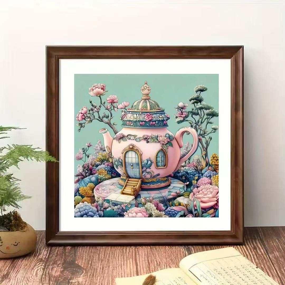 Teapot Castle Diamond Art Kits for Adults,5D Diamond Painting Kits for Beginner,DIY Full Round Drill Flower Diamond Dot Gem Painting With Dot Art Craft Kits for Home Wall Decor 13.79 x 13.79inch - 3