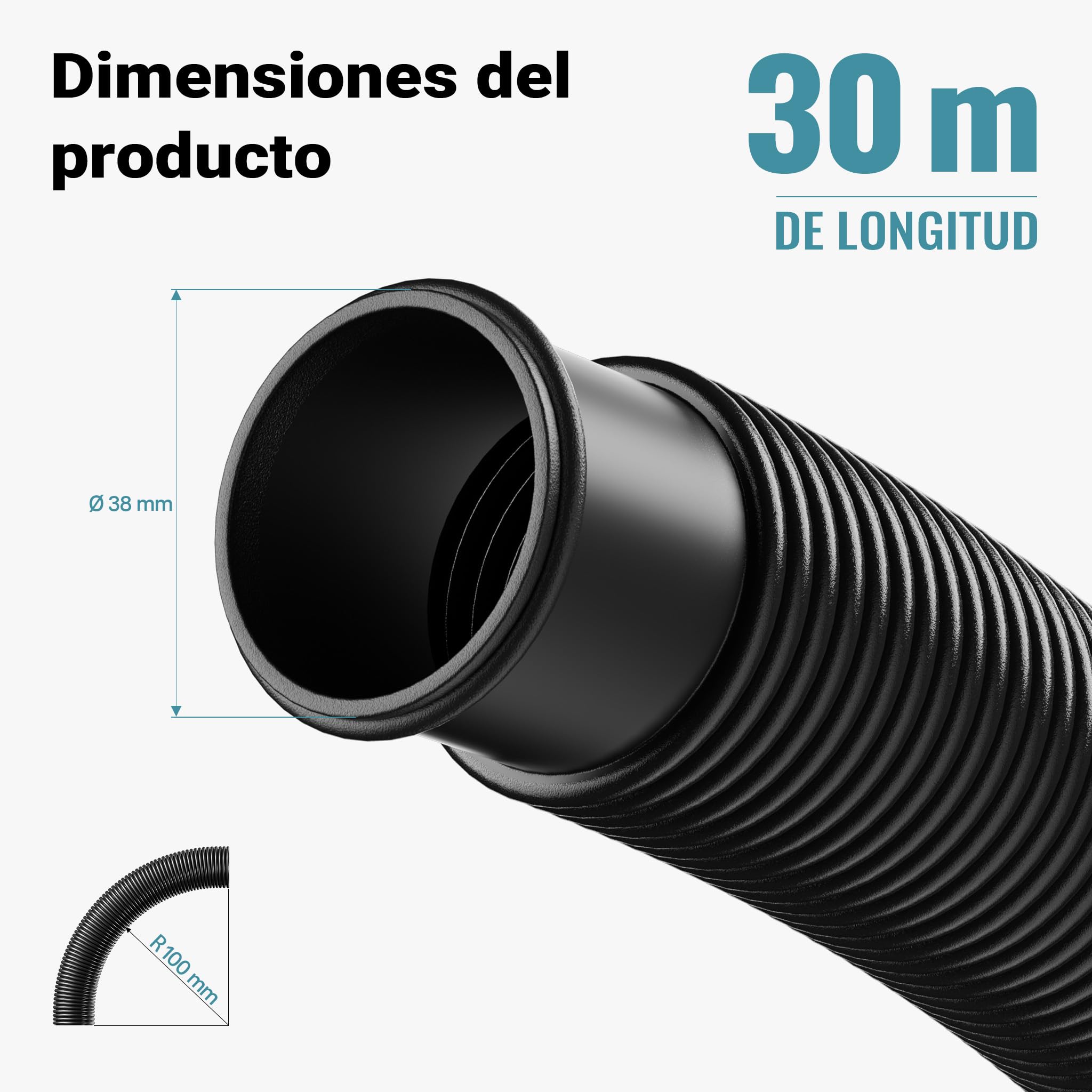 Wiltec Manguera de piscina 30 m ⌀38 mm 190 g/m negra con manguitos, manguera de bomba para piscinas tubo de aspiración solar