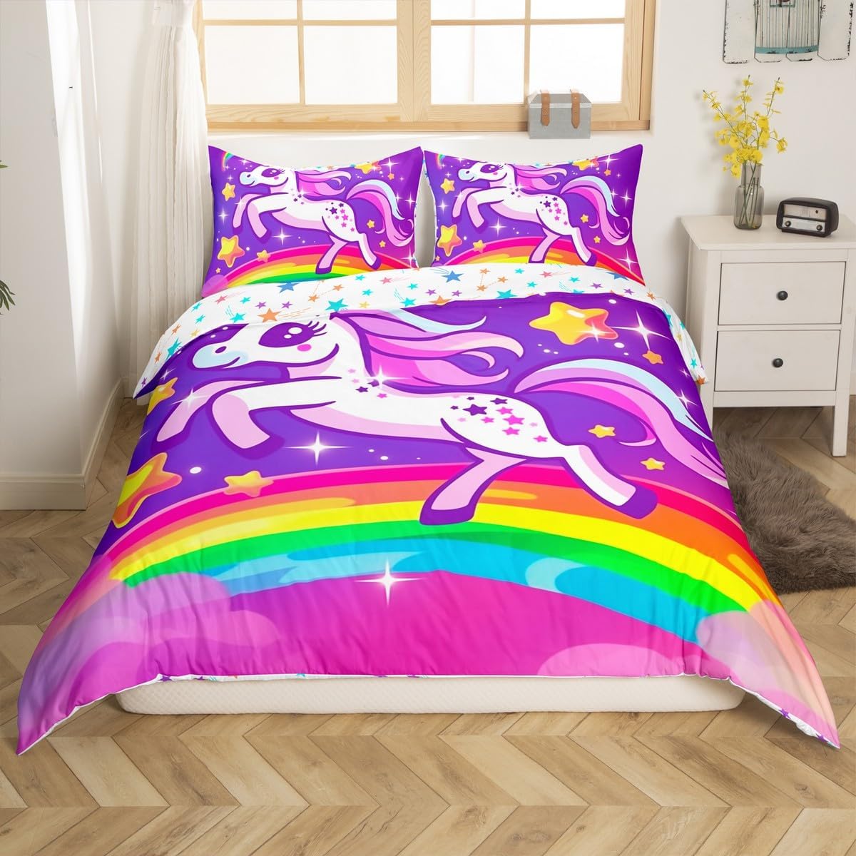 jejeloiu Girls Cute Unicorn Duvet Cover Toddler Size Kids Dreamy Horse Rainbow Comforter Cover Set for Boys Teens Unicorn Glitter Bedding Set Breathable Cute Animal Bedspread Cover Quilt Cover