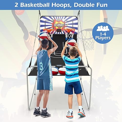 Vista 28 de Goplus Juego de arcada de baloncesto plegable de doble tiro, juego de aro de baloncesto con puntuación electrónica, 8 modos de juego, 4 bolas, Negro