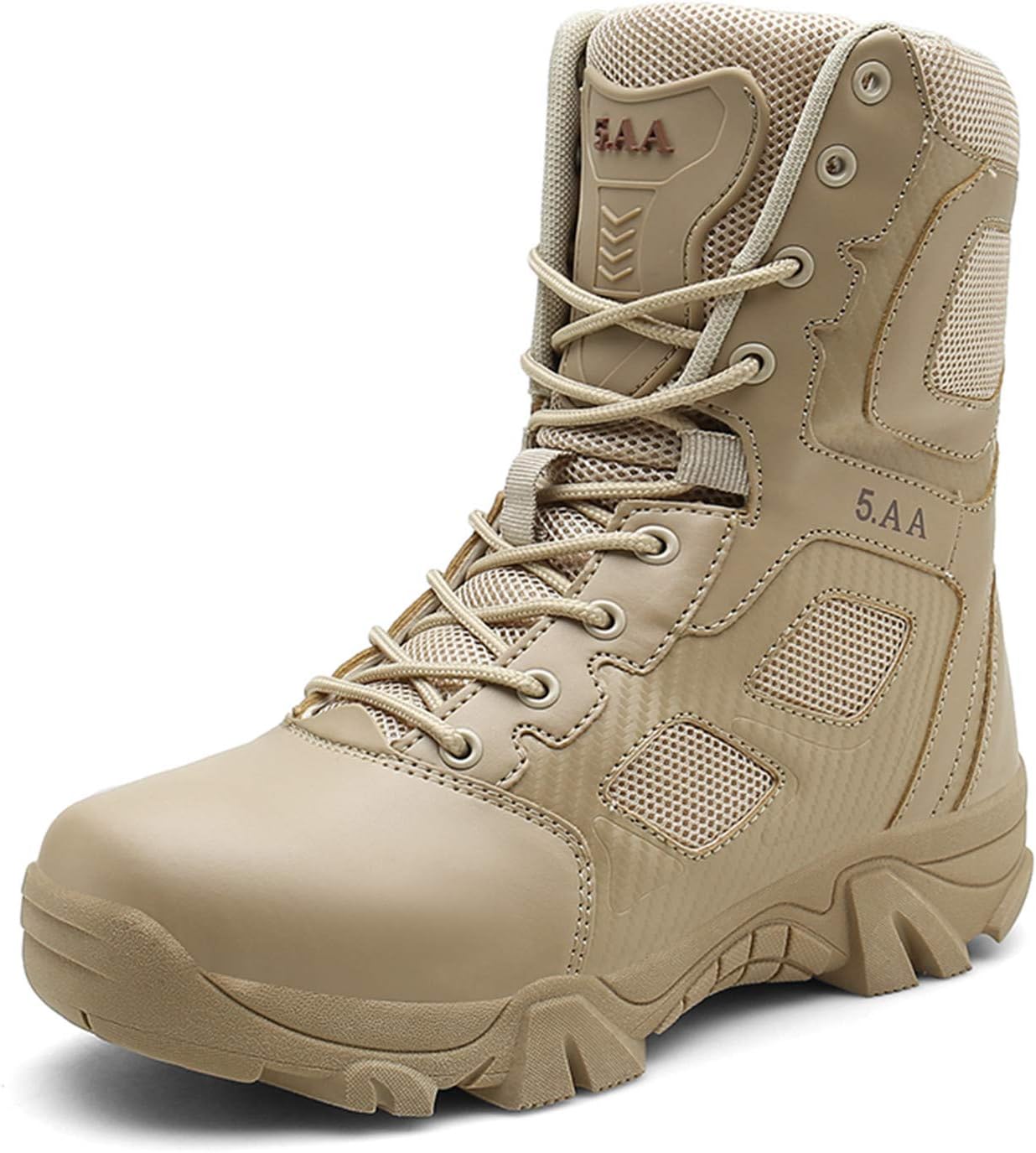 PULUSI Men Lightweight Leather Desert Combat Hiking Army Shoes, Tactical Booties, Waterproof Military Ankle Boots(Size 44,Khaki)