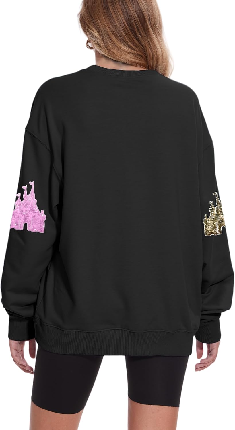 Sequin Magic Kingdom Sweatshirt For Women Sparkle Magical Castle Pullover Oversized Holiday Long Sleeve Tee Shirt Tops - Image 2
