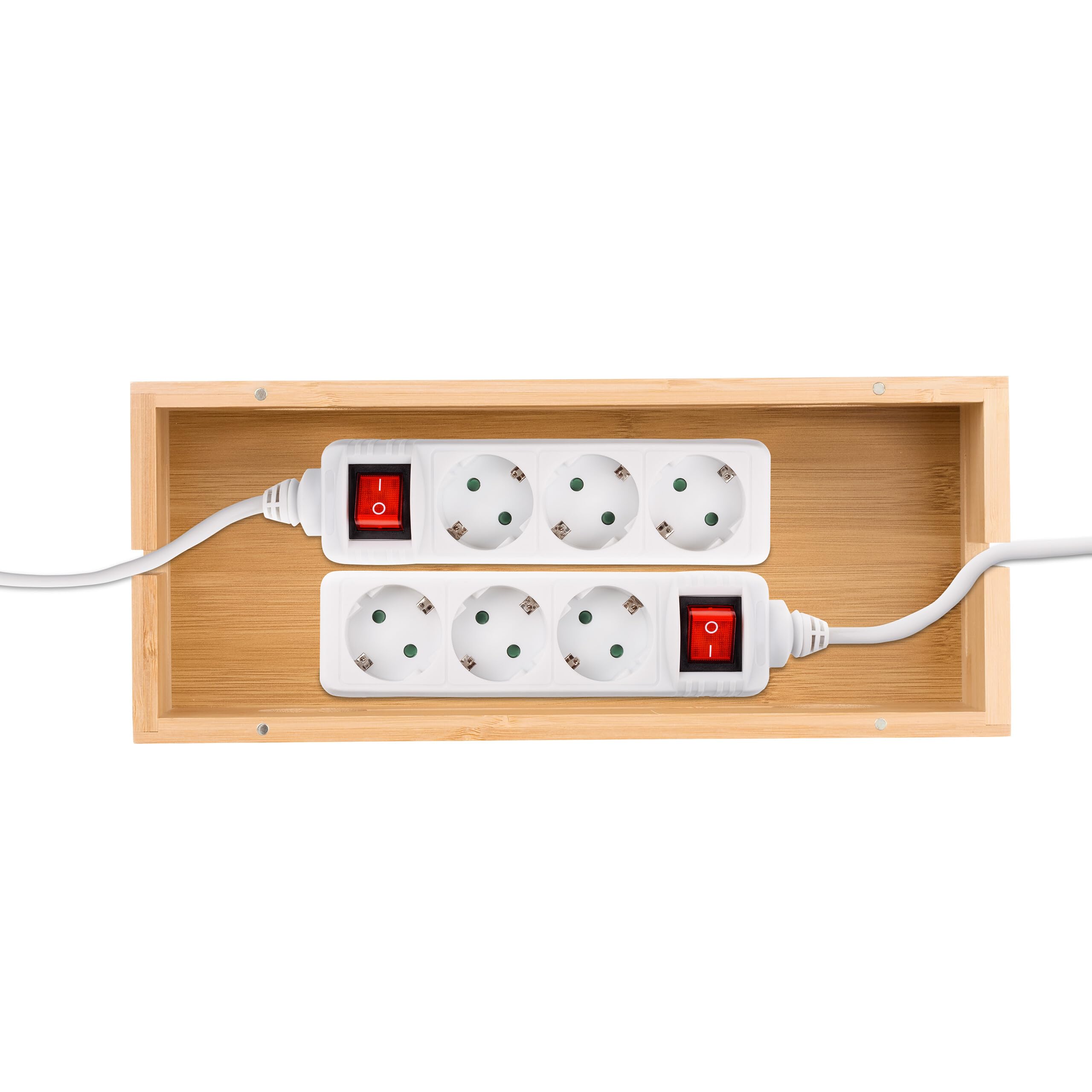 Relaxdays Skrzynka kablowa na 2 listwy zasilające, bambus, wys. x szer. x gł.: 14 x 34,5 x 14 cm, ukryty kabel, skrzynka na gniazdo, naturalna