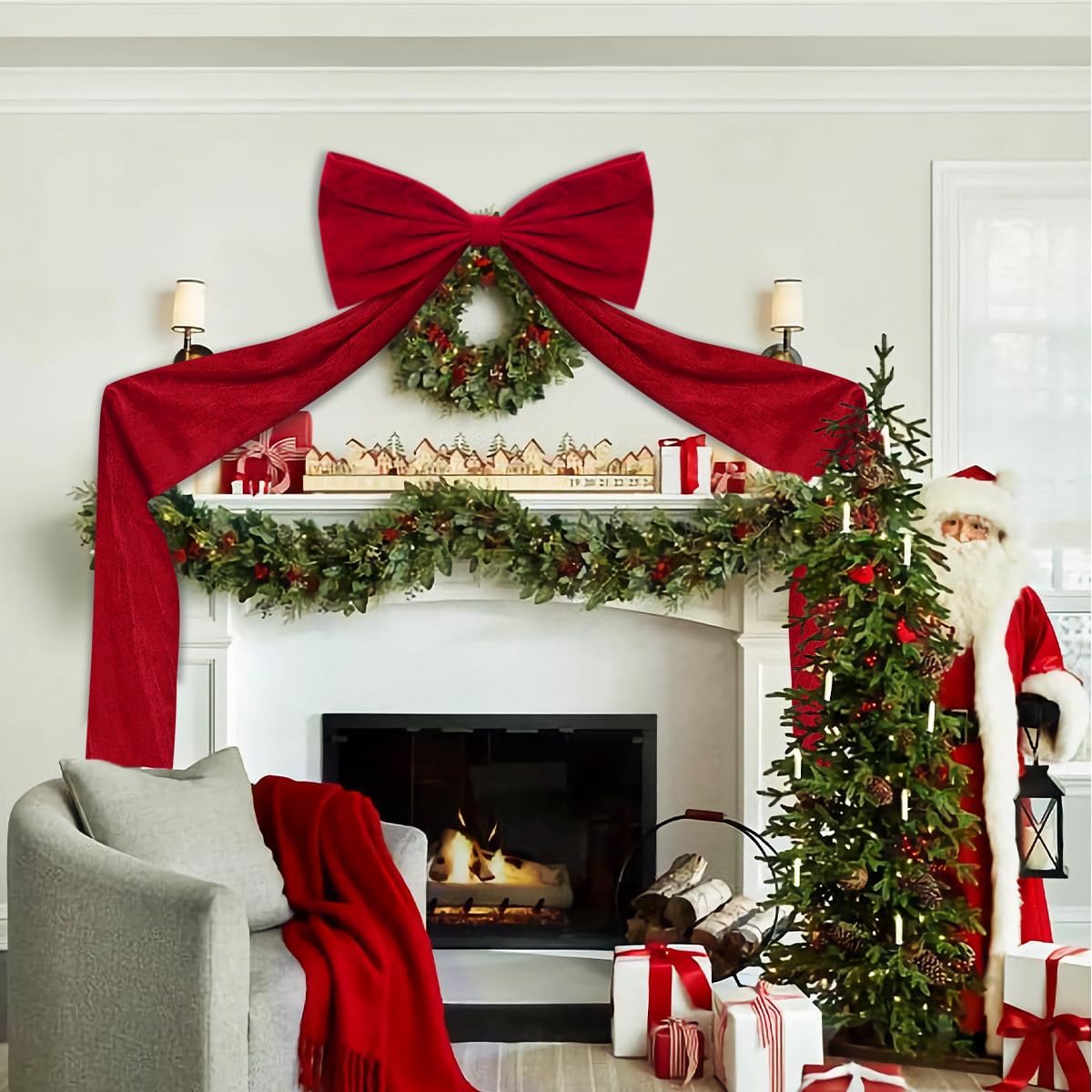 Extra Large Red Velvet Bows Christmas Tree Topper 20 x 71 Inch Big Bows with Long Streamers lazos para arbol de Navidad for Room Backdrop Wall Home Xmas Holiday Porch Decor, Deep Red