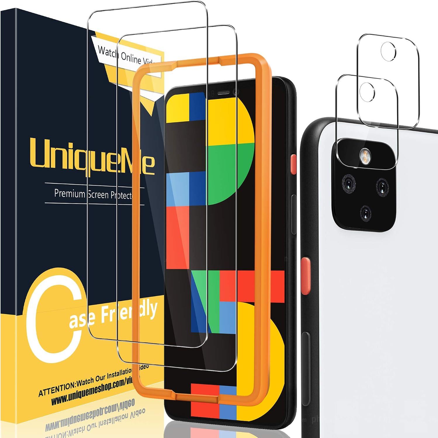 [2+2 Pack] UniqueMe Camera Lens Protector and Screen Protector for Google Pixel 5,Termperd Glass [Easy Installation Frame] HD Clear [Anti-Scratch] [Bubble Free]