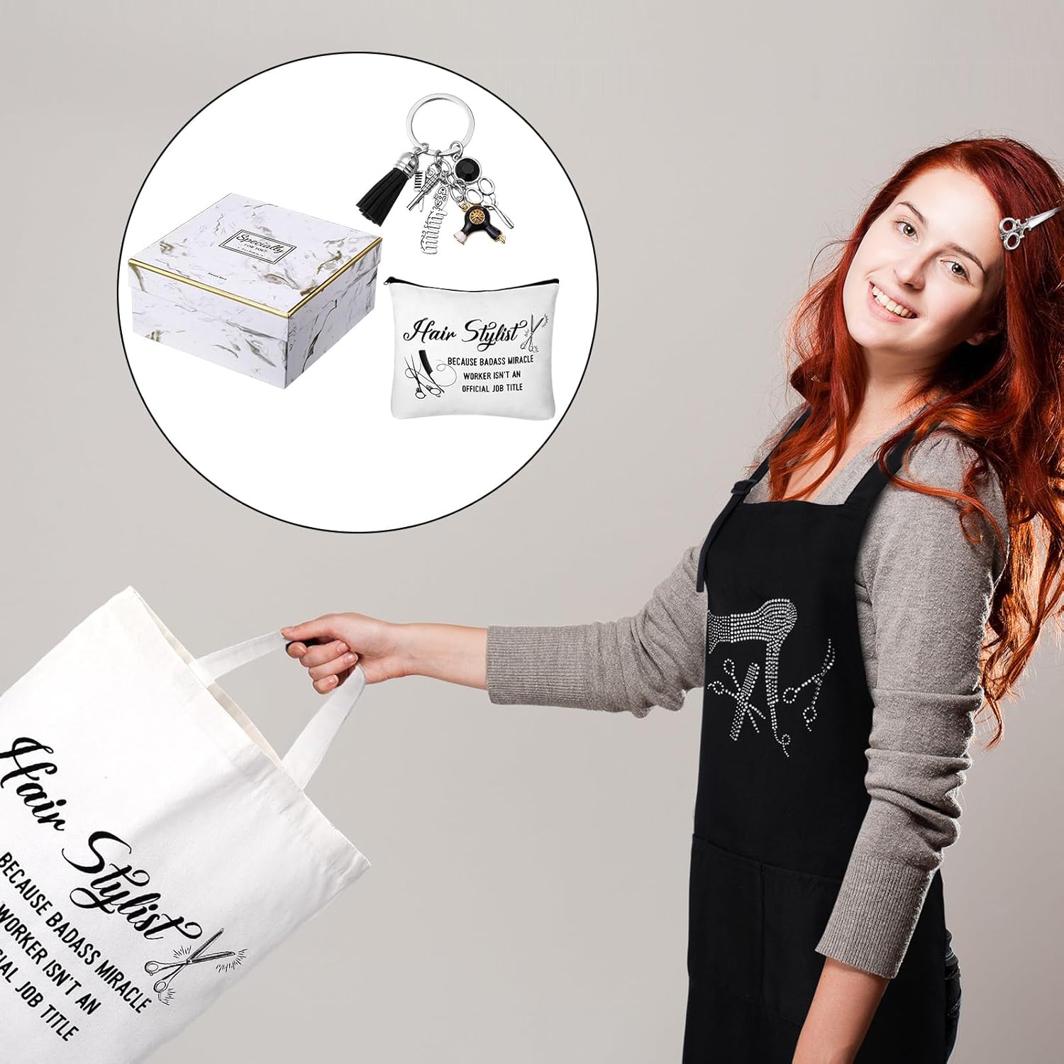 Coume 7 Pcs Hairdresser Gift Set for Women Hairstylist Apron Tote Bag Makeup Bag Mugs Scissors Charm Keychain Scissor Hair Clips and Box for Female Inspirational Appreciation Gifts
