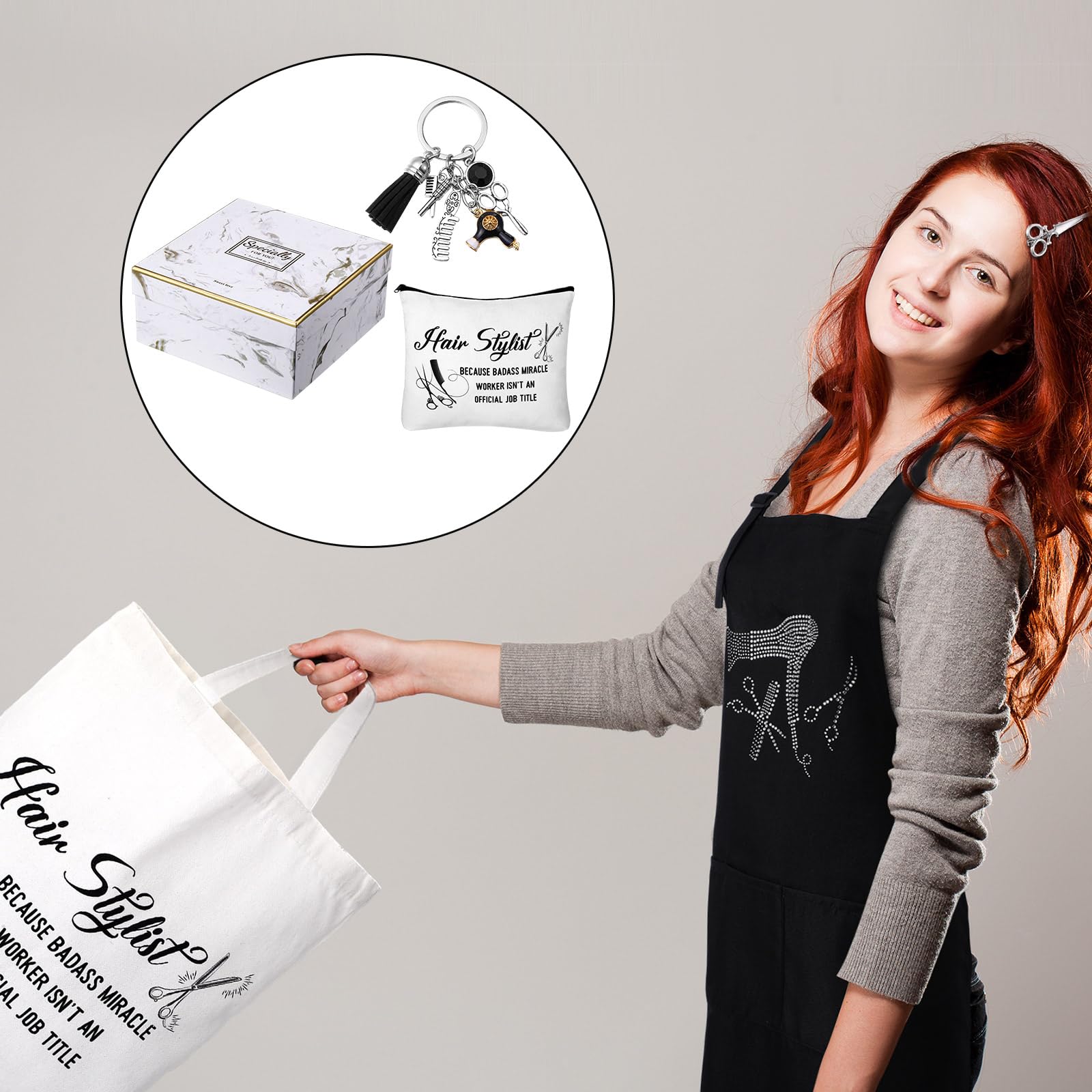 Coume Friseur-Geschenk-Set, Schürze, Tragetasche, Tasse, Schlüsselanhänger