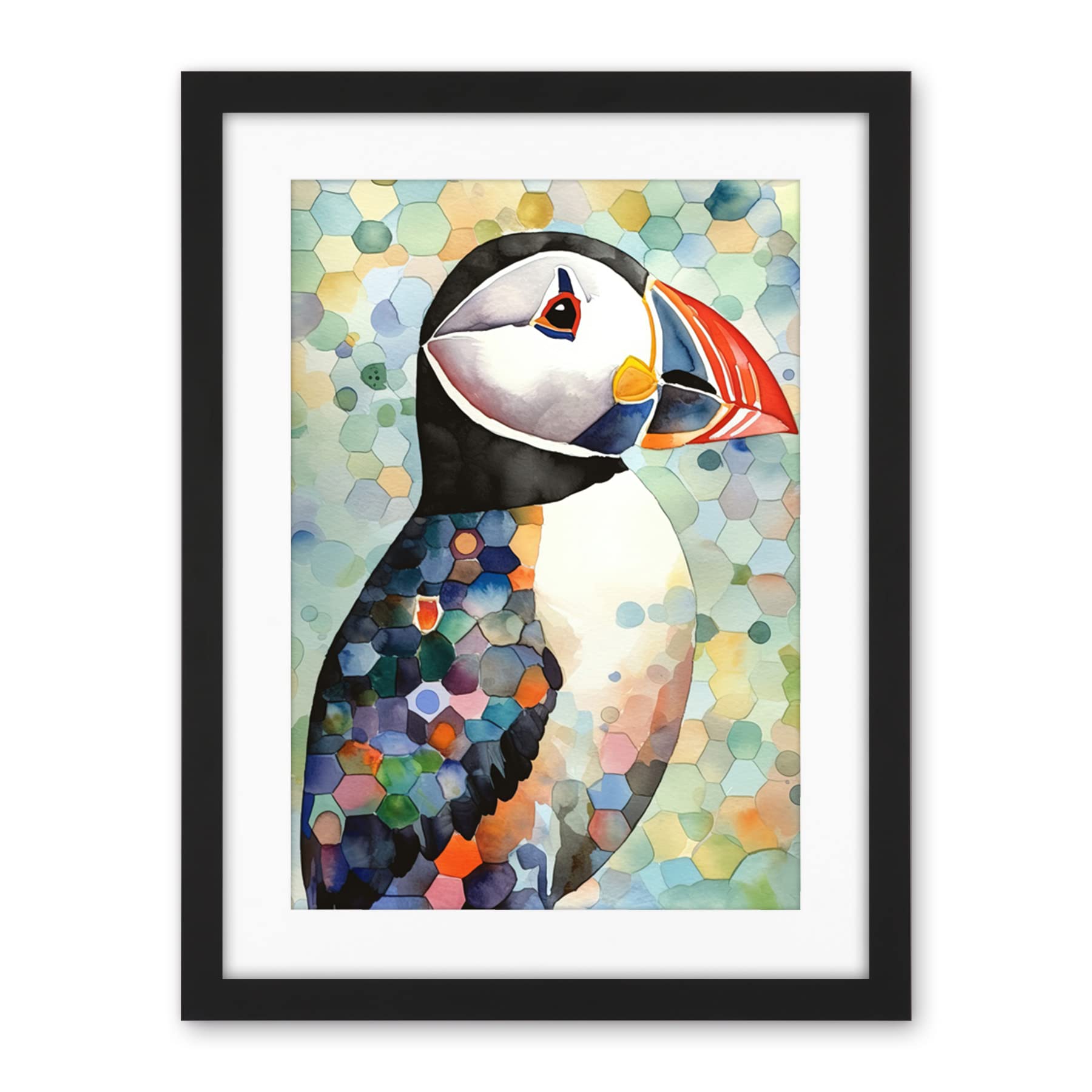 Artery8 Puffin Bird Portrait Pastel Colour Folk Art Artwork Framed Wall Art Print 18X24 Inch