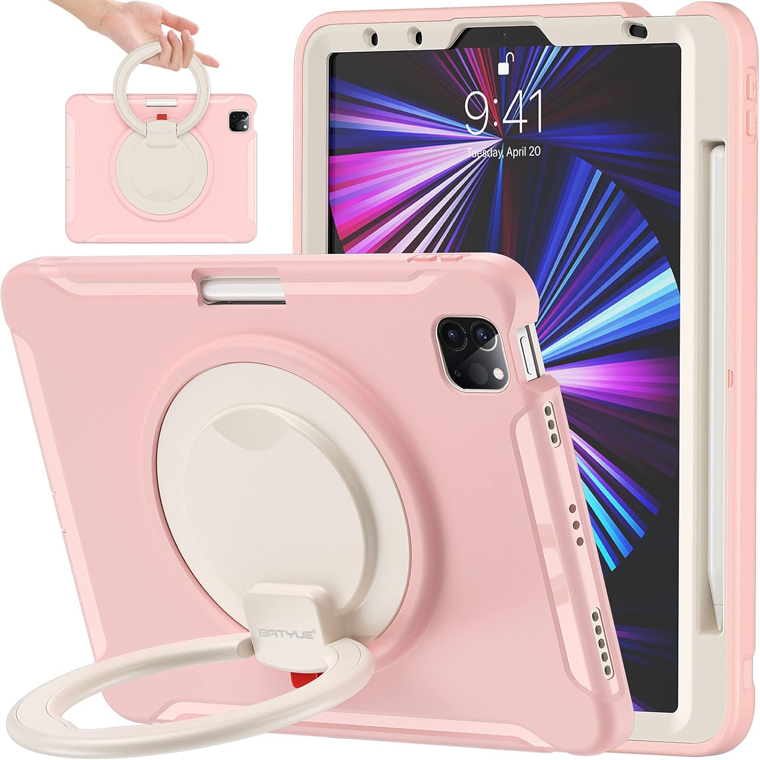 BATYUE Case for iPad Air 11-inch M3 (2025)/M2 (2024), iPad Air 5th/4th 10.9-inch (2022/2020), iPad Pro 11" 4th/3rd/2nd/1st Gen | Shockproof Cover with 360 Rotating Stand & Pencil Holder - CheeryPink