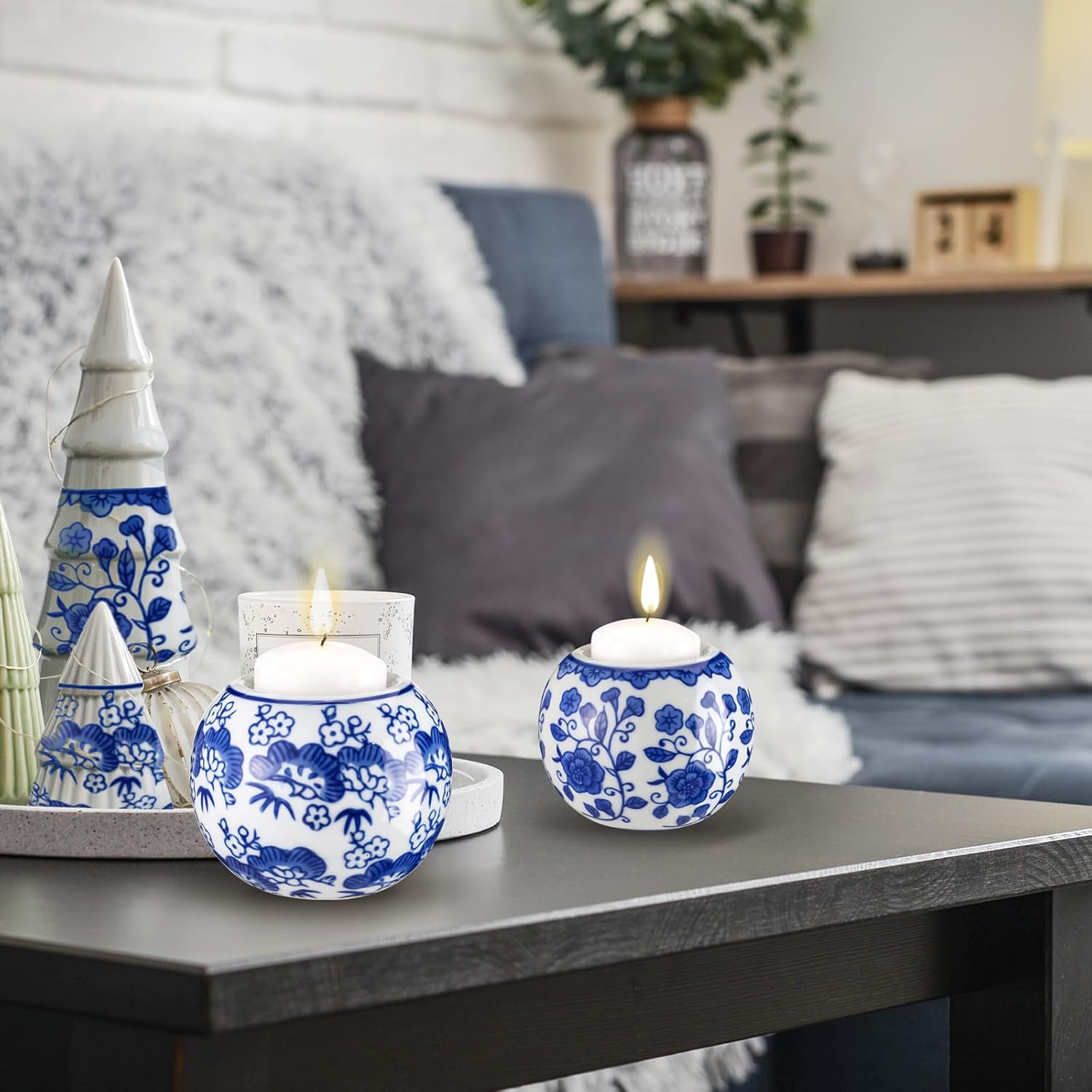 Soaoo 2 Pack Blue and White Candle Holders Chinoiserie Decor Porcelain Tealight Candleholders Votive Candle Holders for Holiday, Wedding, Party Table Centerpiece Home Decor, 1.85 x 2.75
