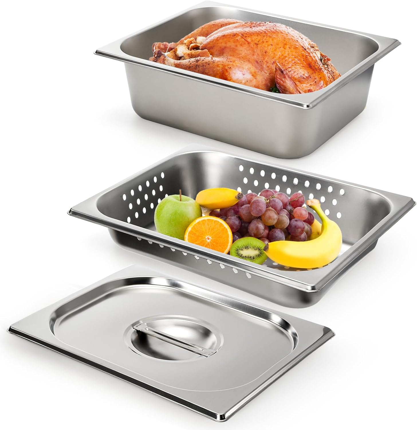 Kingrol 3 Pack 1/2 Steam Table Pan, 4 Inch Deep Half Size Stainless Steel Hotel Pans with Lid, Perforated Steam Pan, Chafing Pans for Buffets, Catering, and Commercial Kitchens