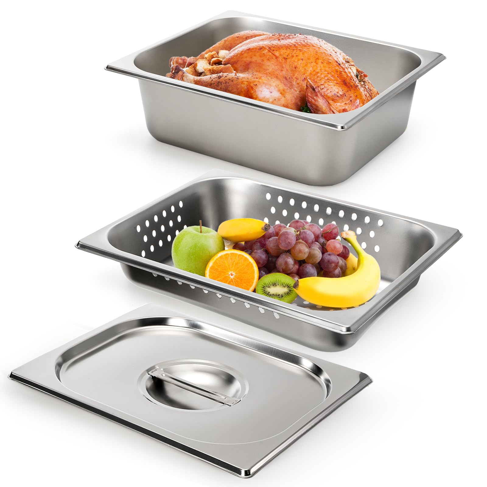 Kingrol Paquete de 3 sartenes de mesa de vapor de 1/2, sartenes de hotel de acero inoxidable de 4 pulgadas de profundidad con tapa, sartén de vapor perforada, sartenes para bufés, catering y cocinas