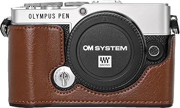 E-P7 Case, BMAOLLONGB Handmade PU Leather Half Camera Case Bag Cover Bottom Opening Version for Olympus Pen E-P7 EP7 with Neck Strap Mini Storage Bag Coffee