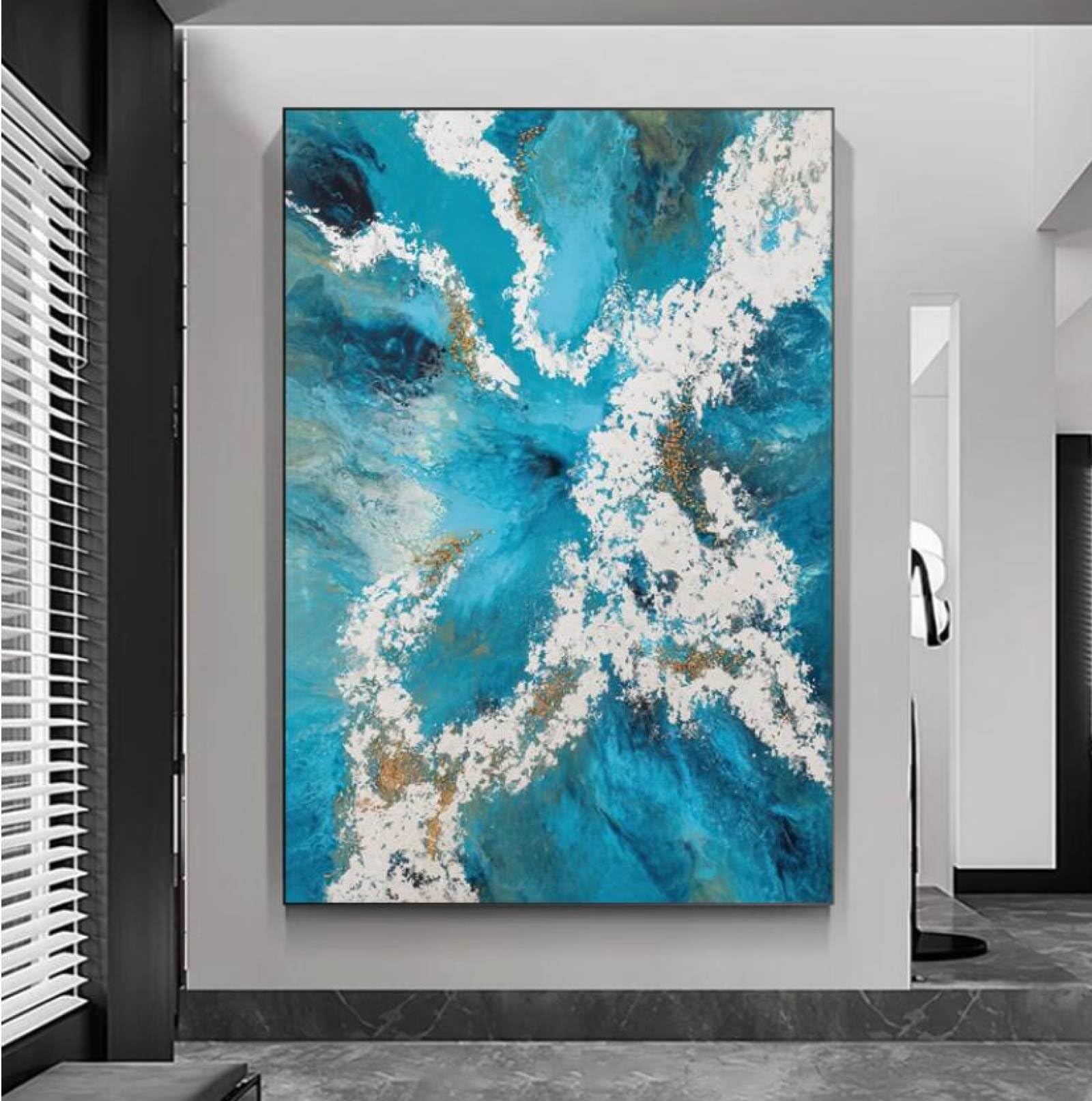 Tableau de luxe peint à la main : vagues bleues abstraites sur grande toile