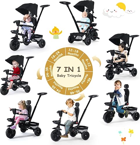 Miniatura 2 de Kinder King Triciclo para niños, triciclo plegable 7 en 1 para niños pequeños con mango de empuje ajustable, asiento giratorio, toldo ajustable,