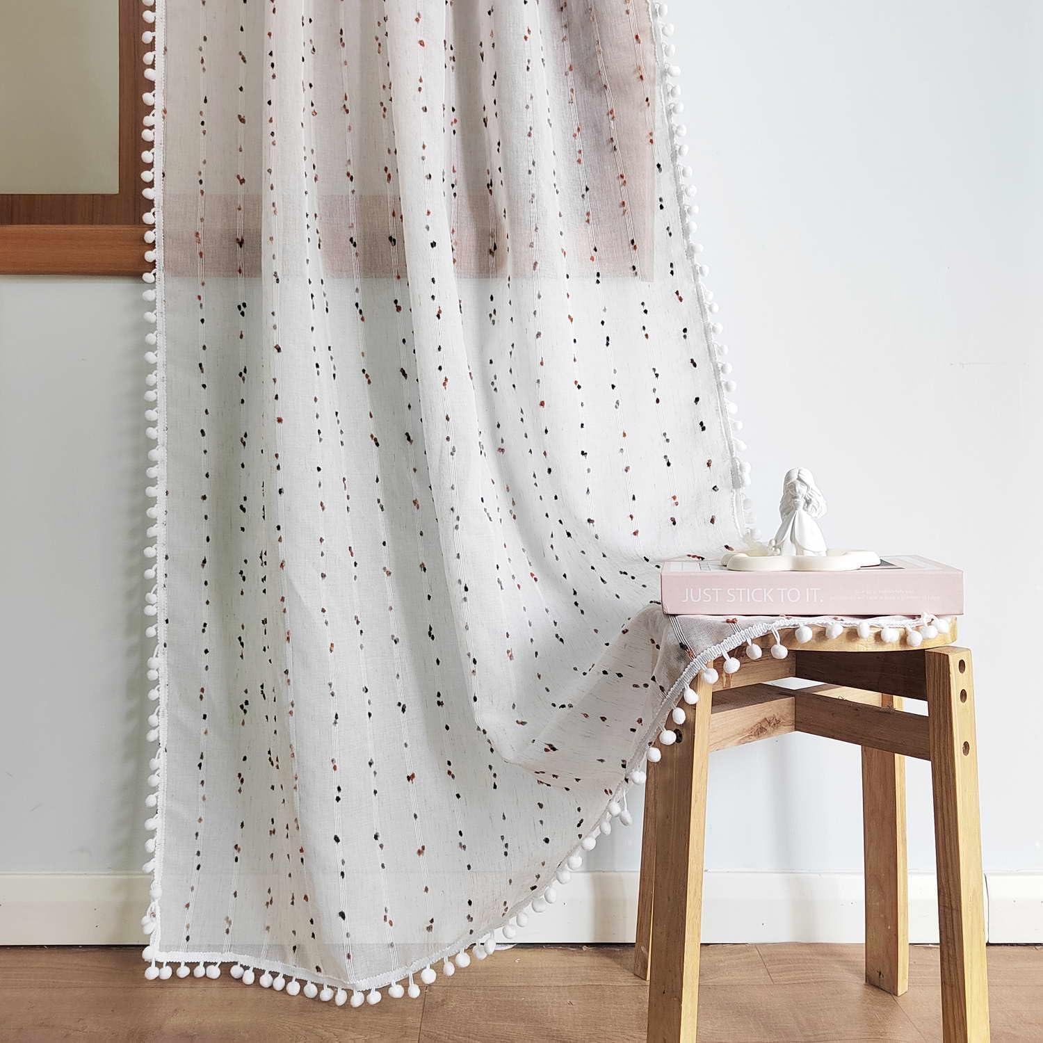 Boho Rainbow Sheer Pom Pom Tassels Curtains Faux Linen Pompom Window Drapes Privacy Decorative Window Treatment for Kids Room/Nursery Rod Pocket 2 Panels (White-Pompom, W42 X L84 INCH)