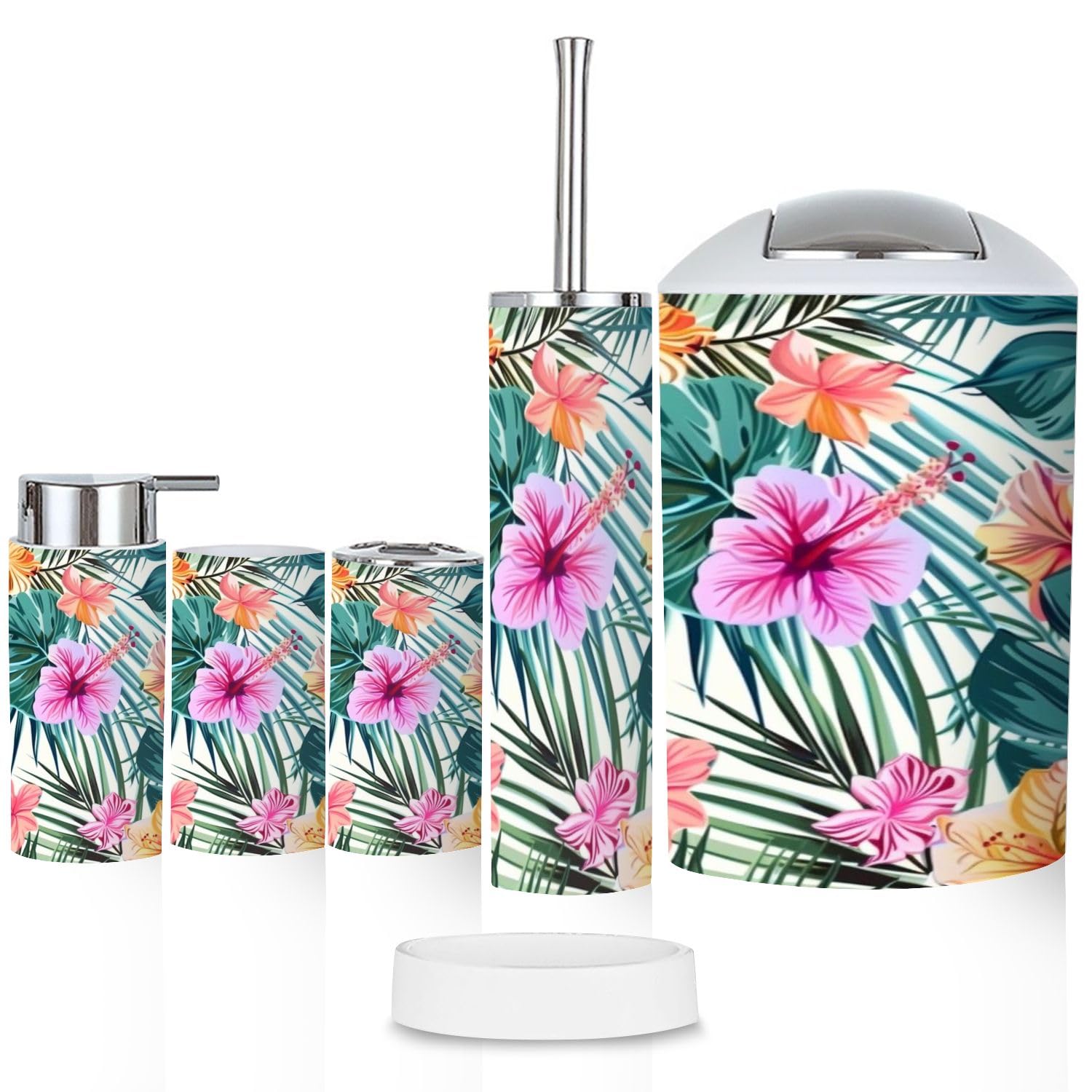 Bathroom Accessory Set 6 Pcs Beautiful Seamless Floral Pattern Spring Summer Tropical Flowers Palm Toothbrush Holder, Soap Dispenser, Toothbrush Cup,