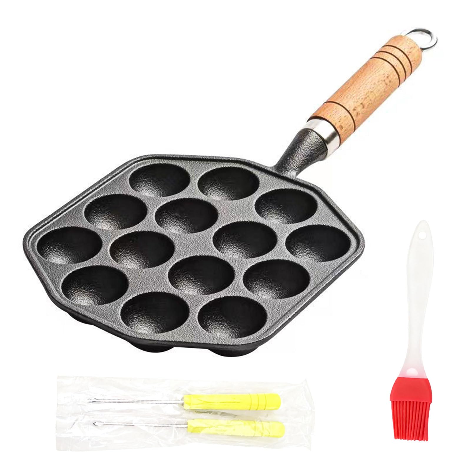 Yeqqzq Takoyaki Pan Nonstick Cast Iron Octopus Meat Balls Mold Maker with Free Takoyaki Tools, 14 Holes Grill Pan for Kitchen Small Desserts -Easy Clean