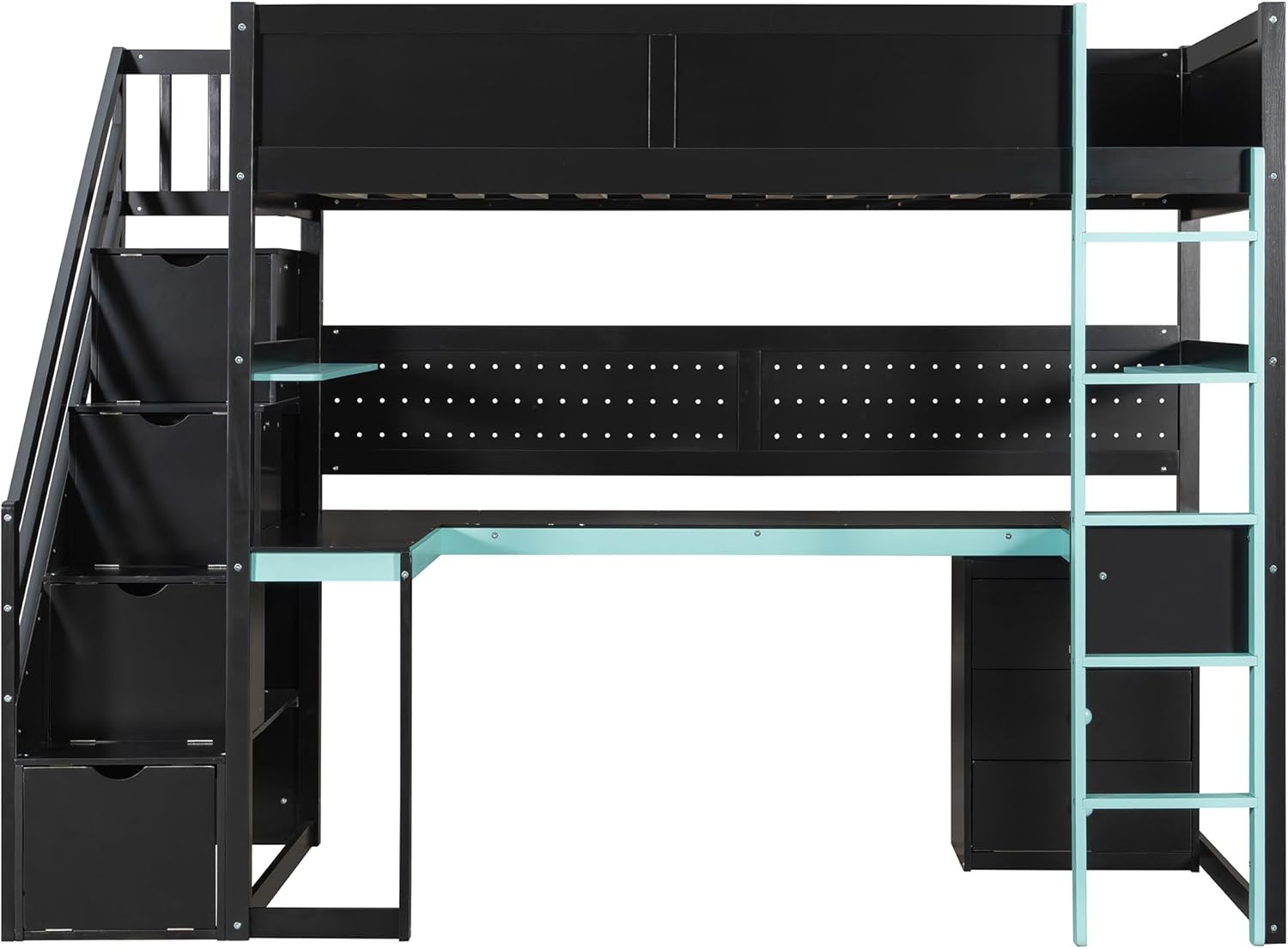 LZ LEISURE ZONE Twin Size Gaming Bed, Wooden Loft Bed with Desk, Storage Stairs, Shelves & Pegboard, Black+Blue