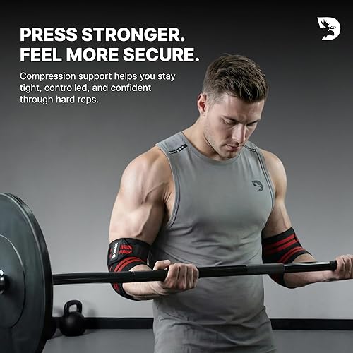 Miniatura 3 de DMoose Fitness Coderas para levantamiento de pesas (par)  Correa ajustable de 40 pulgadas para entrenamiento de gimnasio y prensa de banca, codos de