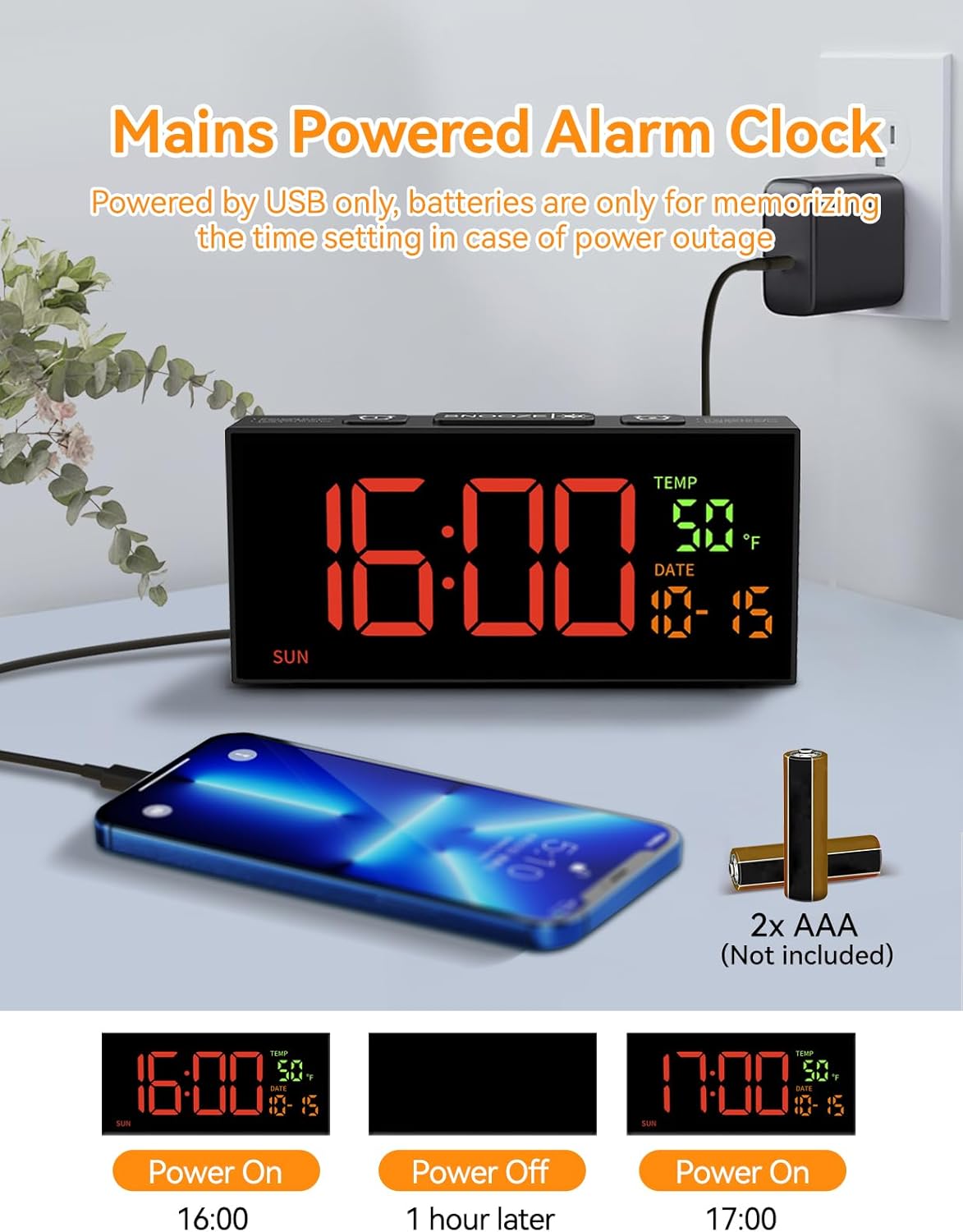 Netzu Digital Alarm Clock connected to a wall adapter with AAA batteries for backup.