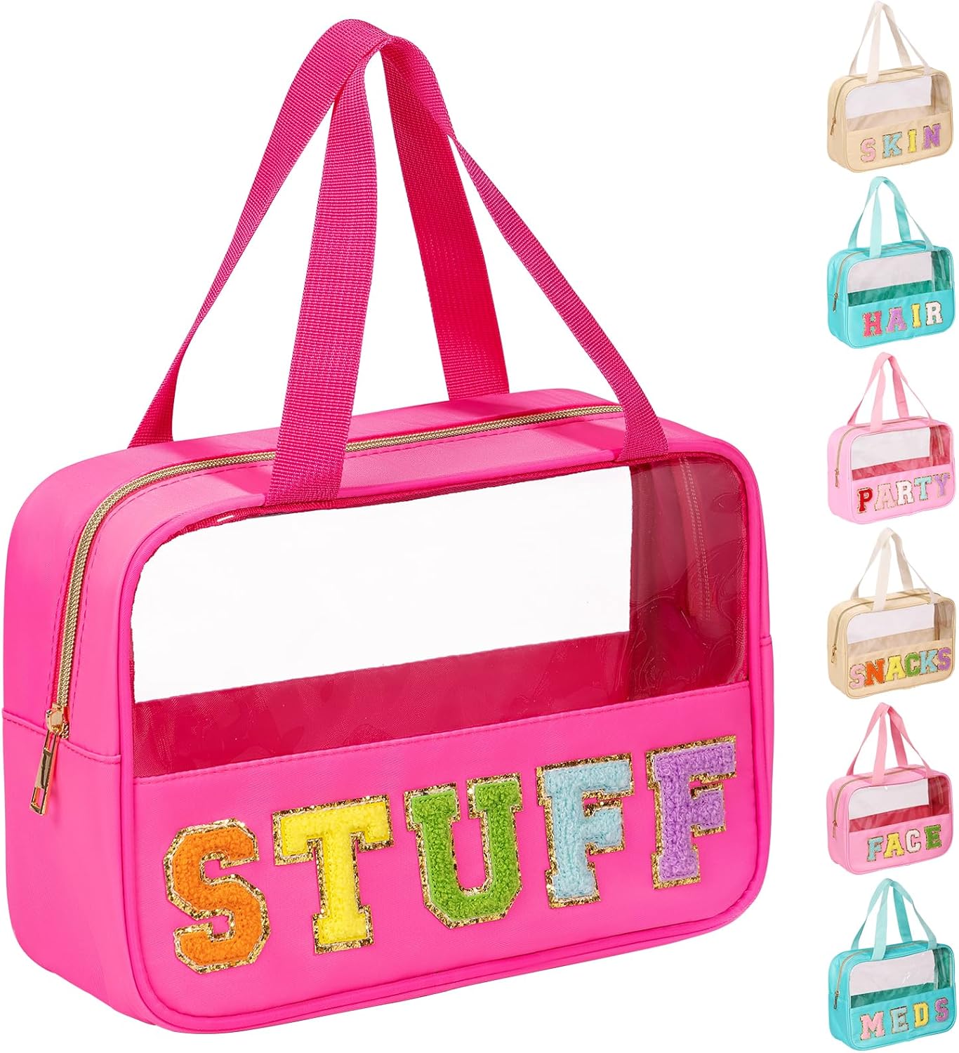 eurovicky Chenille Letter Patch Clear Makeup Bag, Preppy PVC&Nylon Makeup Bag with Handle and Zipper, Waterproof Large Clear Travel Toiletry Bag Storage Bag for Women