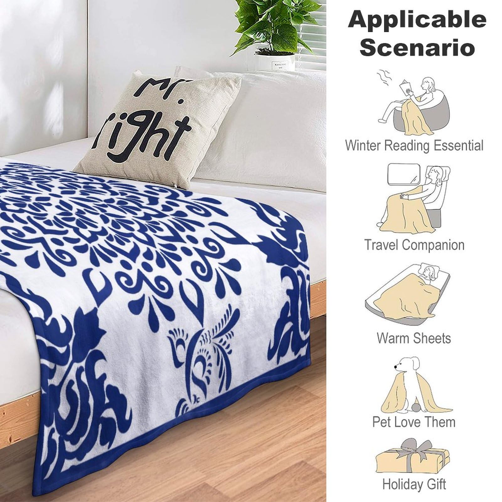 40x50in Flannel Fleece Throw Blanket for Couch Office Bed Chinese Classical Style Blue And White Porcelain Print Lightweight Plush Fuzzy Cozy Soft Blankets And Throws for Kids All Season Use - Image 4