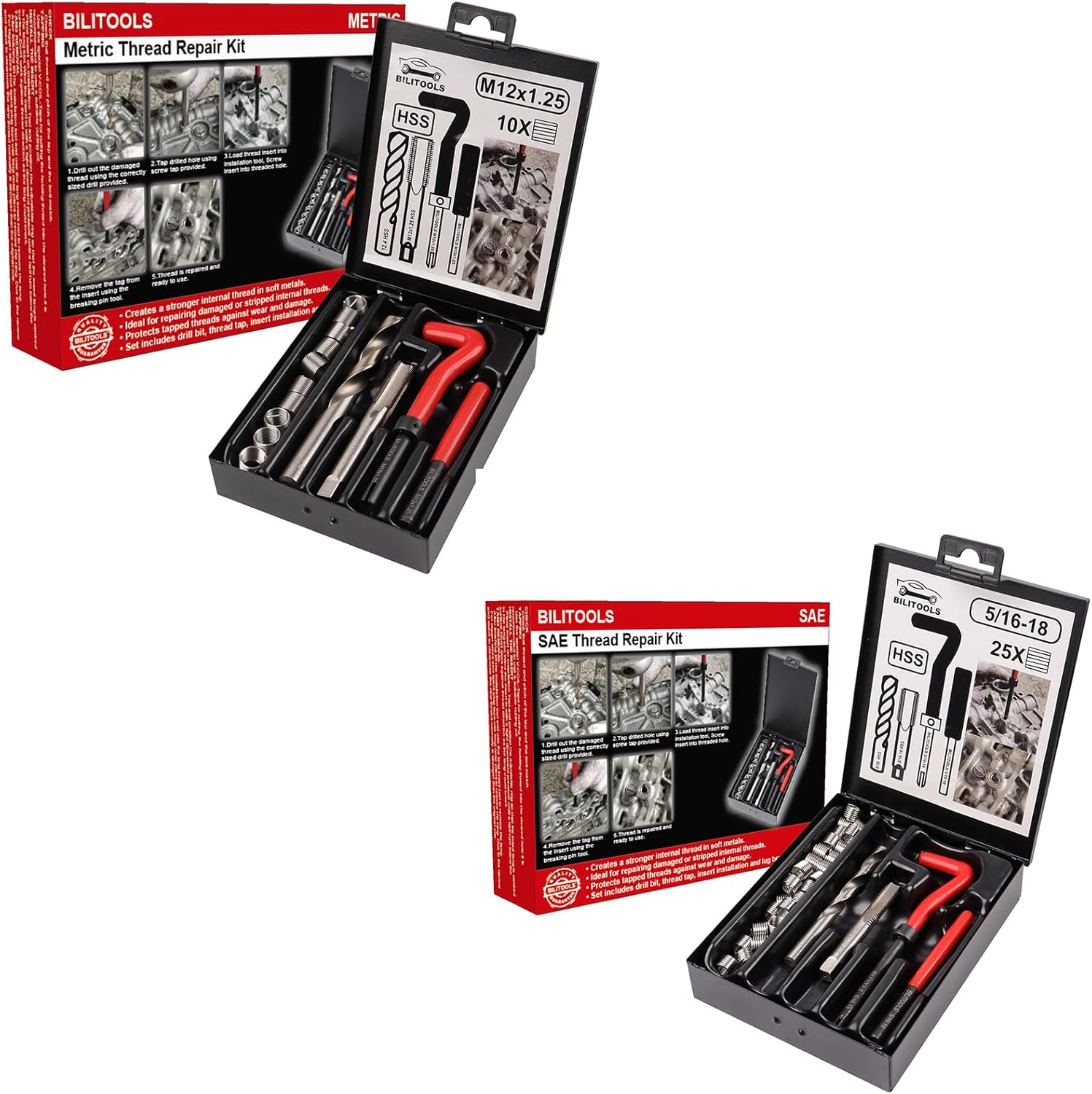 BILITOOLS M12x1.25 and 5/16-18 inch Thread Repair Kit, HSS Drill Helicoil Repair Kit Metric and SAE