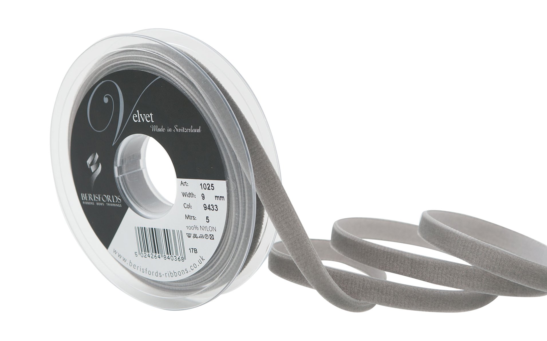 Berisfords Velvet Ribbon, Grey, 102 x 15 x 102 cm