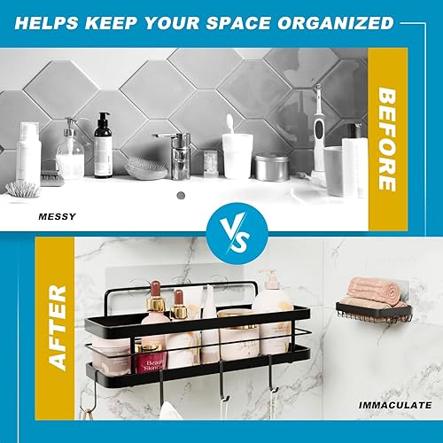 Miniatura 5 de KESOL SUS304 - Estante adhesivo para ducha, organizador de ducha montado en la pared sin taladrar con 4 ganchos + 1 soporte para jabón para