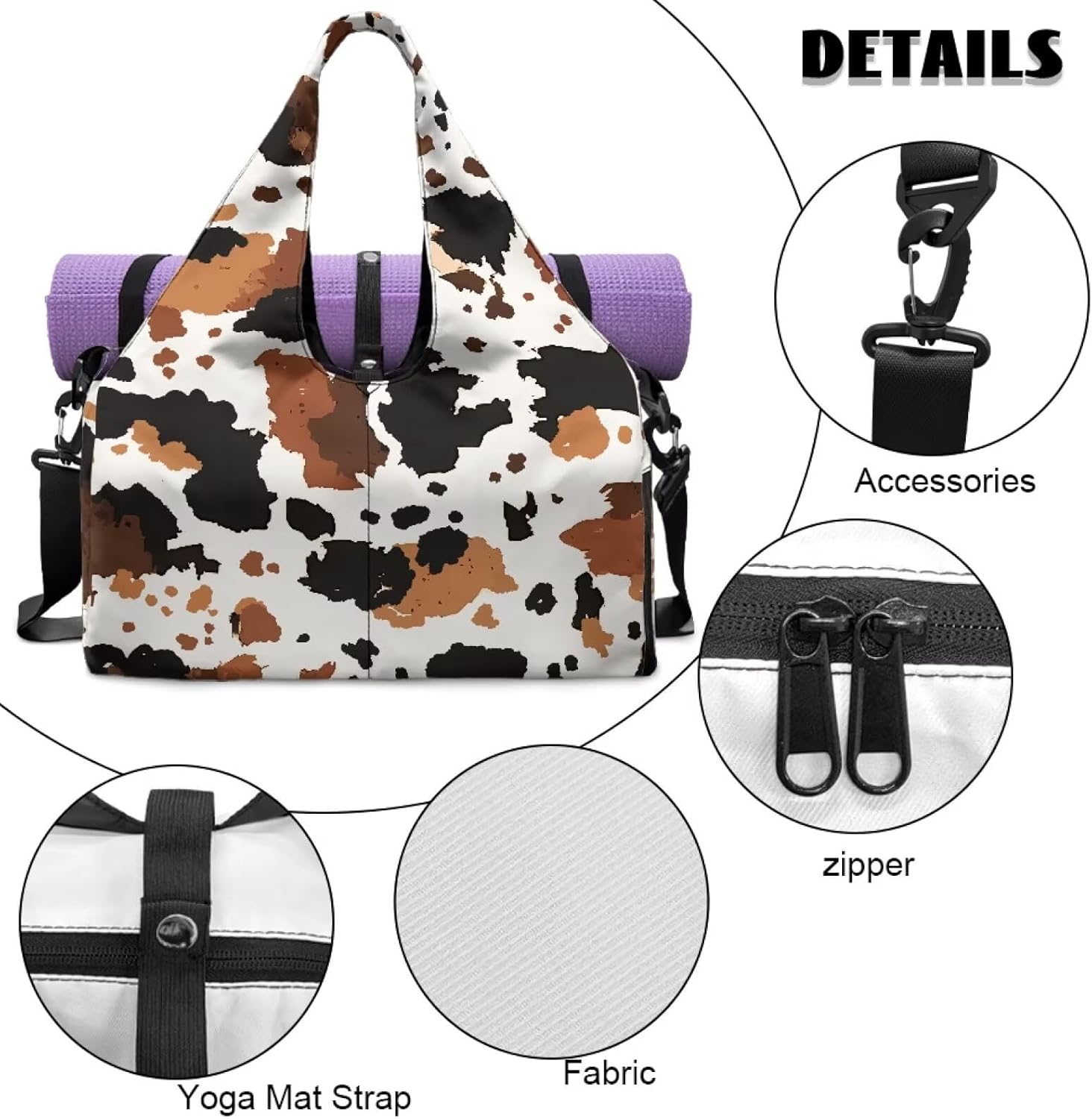 Cow Print Gym Bag with Shoes Compartment, Gym Bags for Women with Yoga Mat, Detachable Strap, Ventilated Lightweight Overnight Bag