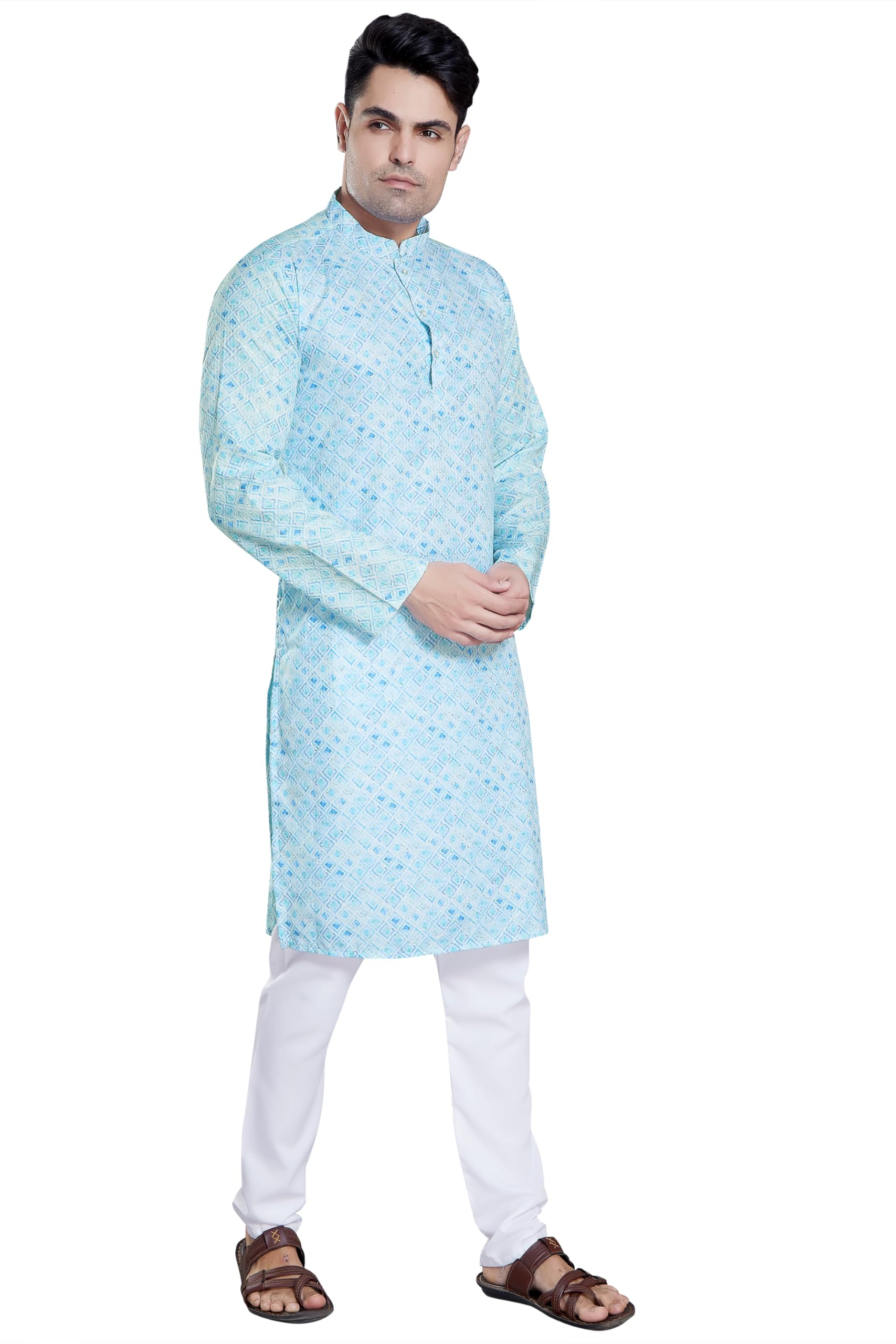 Divisive Men's Sequince Embroidered Printed Cotton Blend Only Slim Fit Kurta (Dkrt120_Xl_Blue)